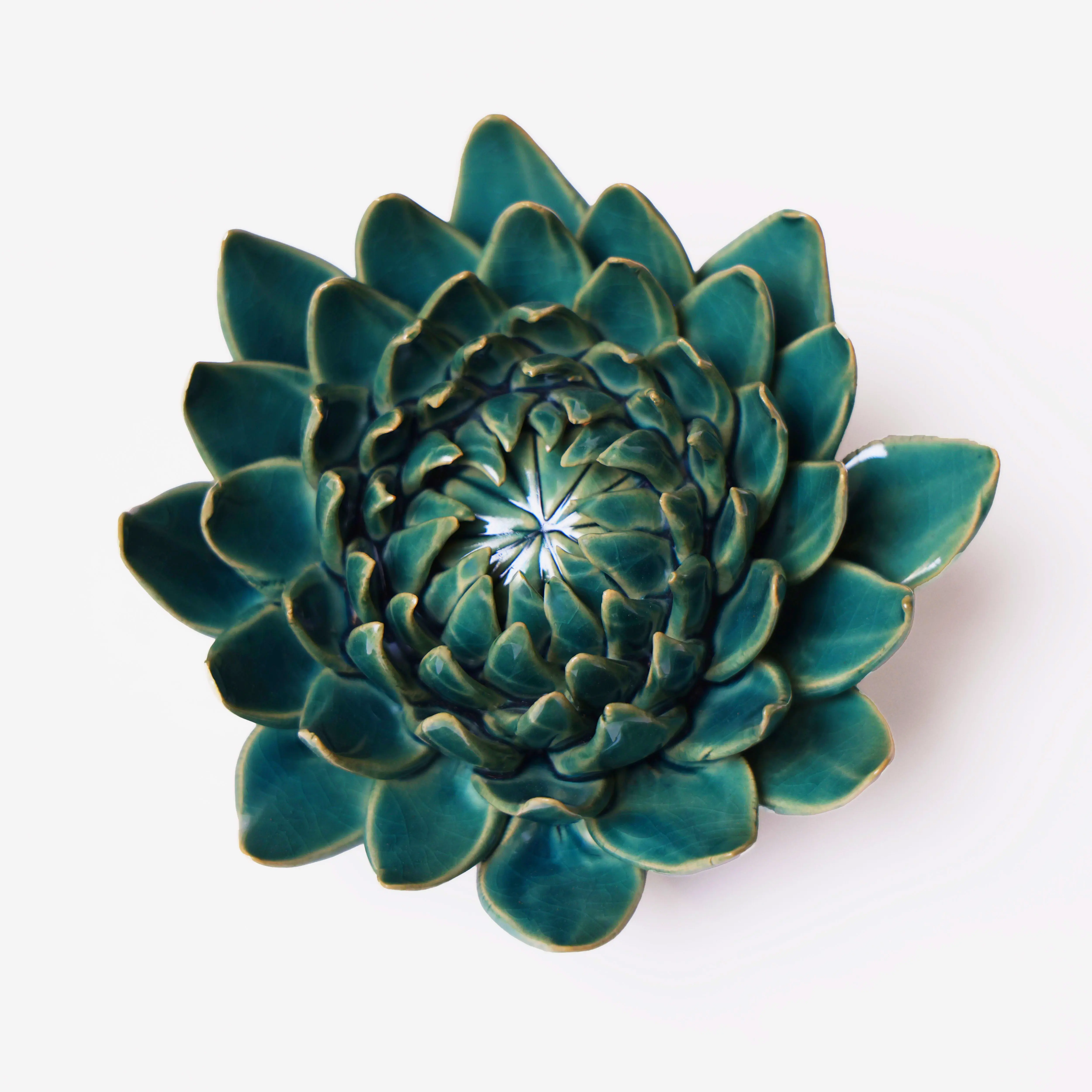 Vibrant teal dahlia ceramic flower wall hanging coastal style bathroom decor or office wall accent for botanical enthusiasts