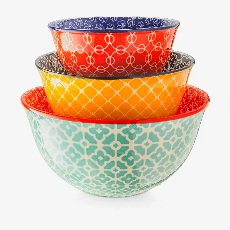 Colorful ceramic mixing bowls set of 3 vibrant bowls for food prep serving and baking at home.