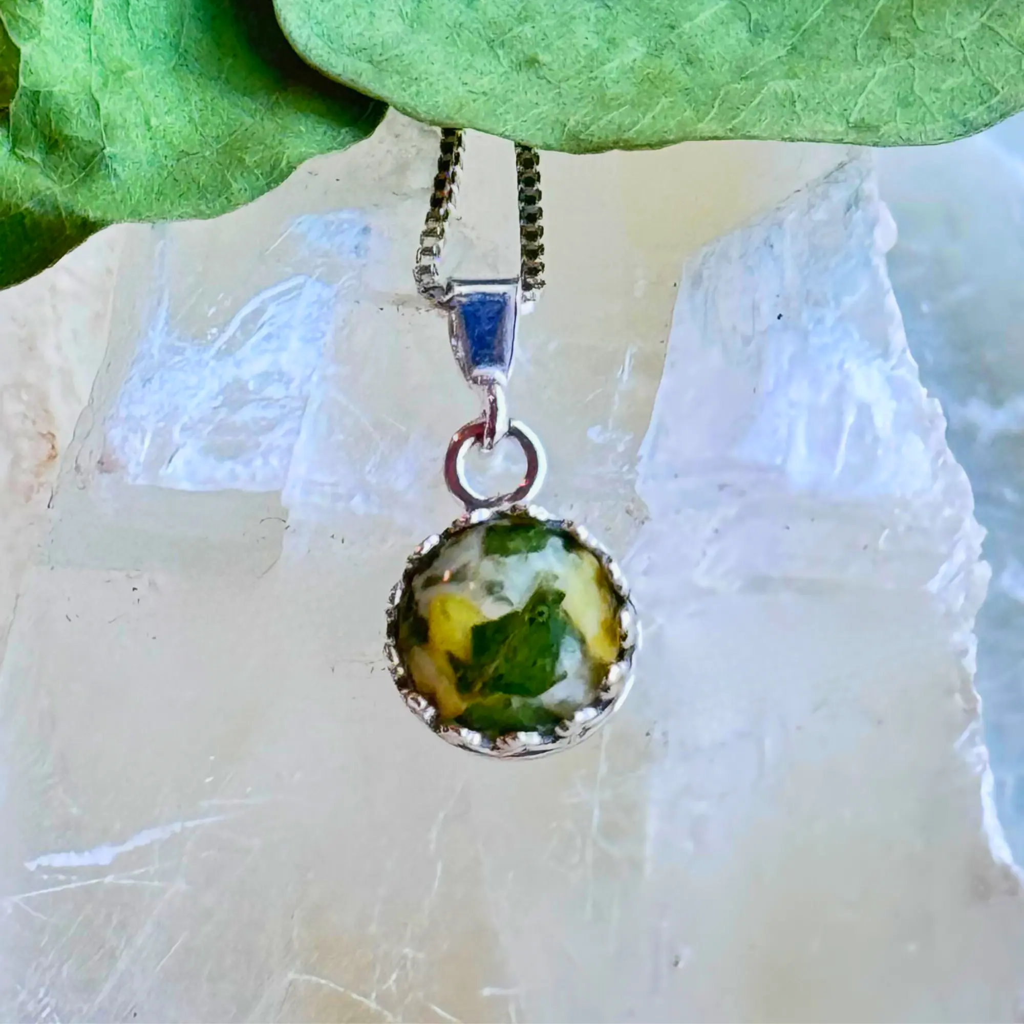 Crown of Memories pendant. Silver floral resin necklace keepsake.