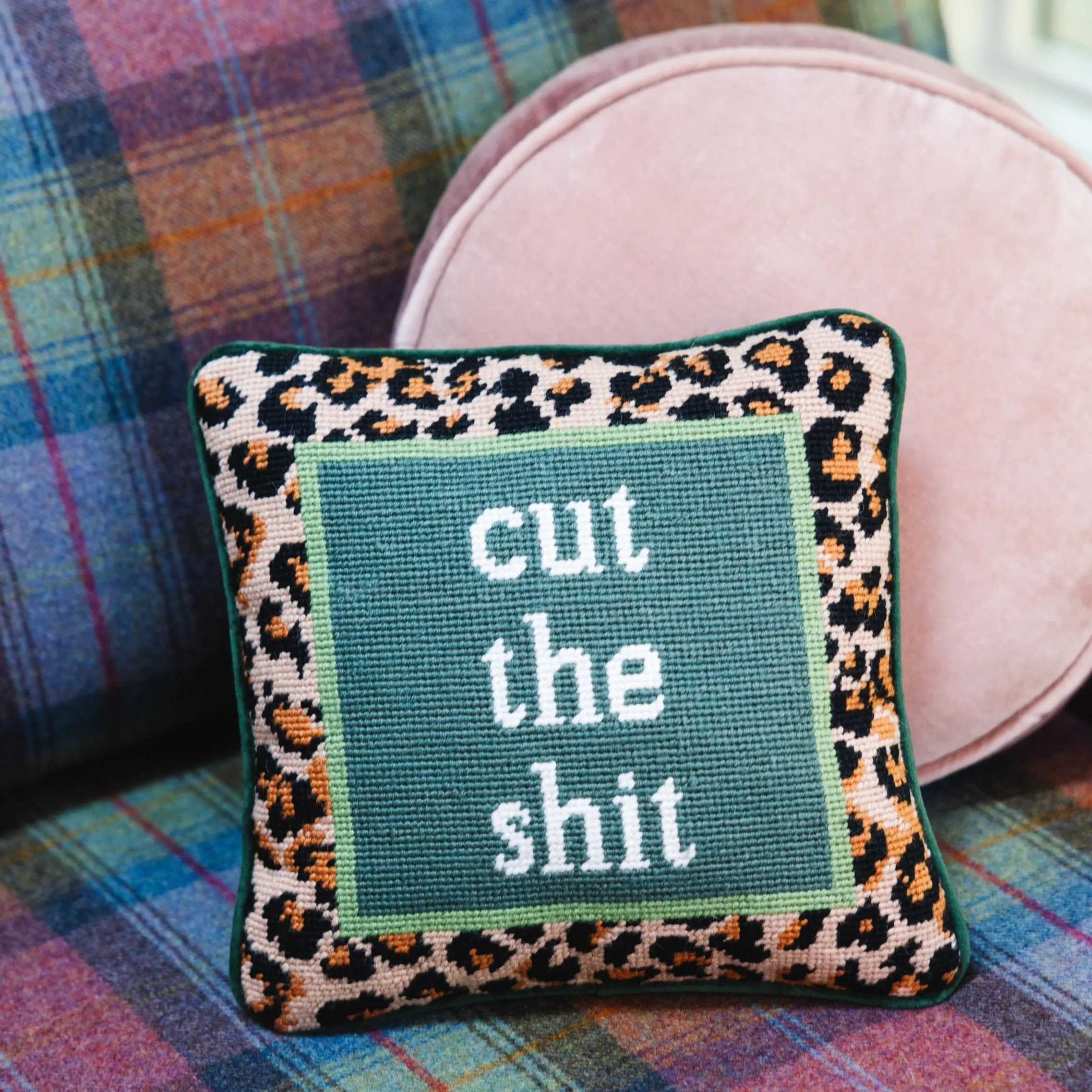Cut The Shit direct needlepoint pillow for living room bedroom office bold home decor statement piece