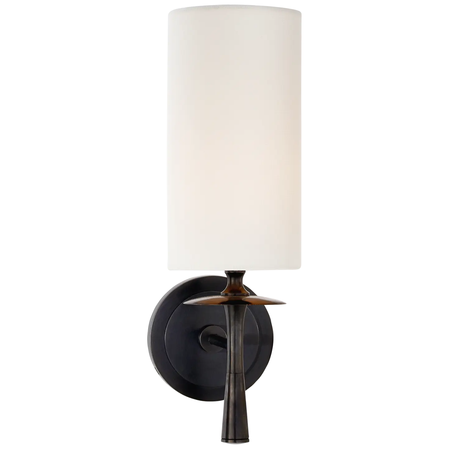 Single bronze linen shade wall sconce, modern transitional lighting for bedroom or living room décor