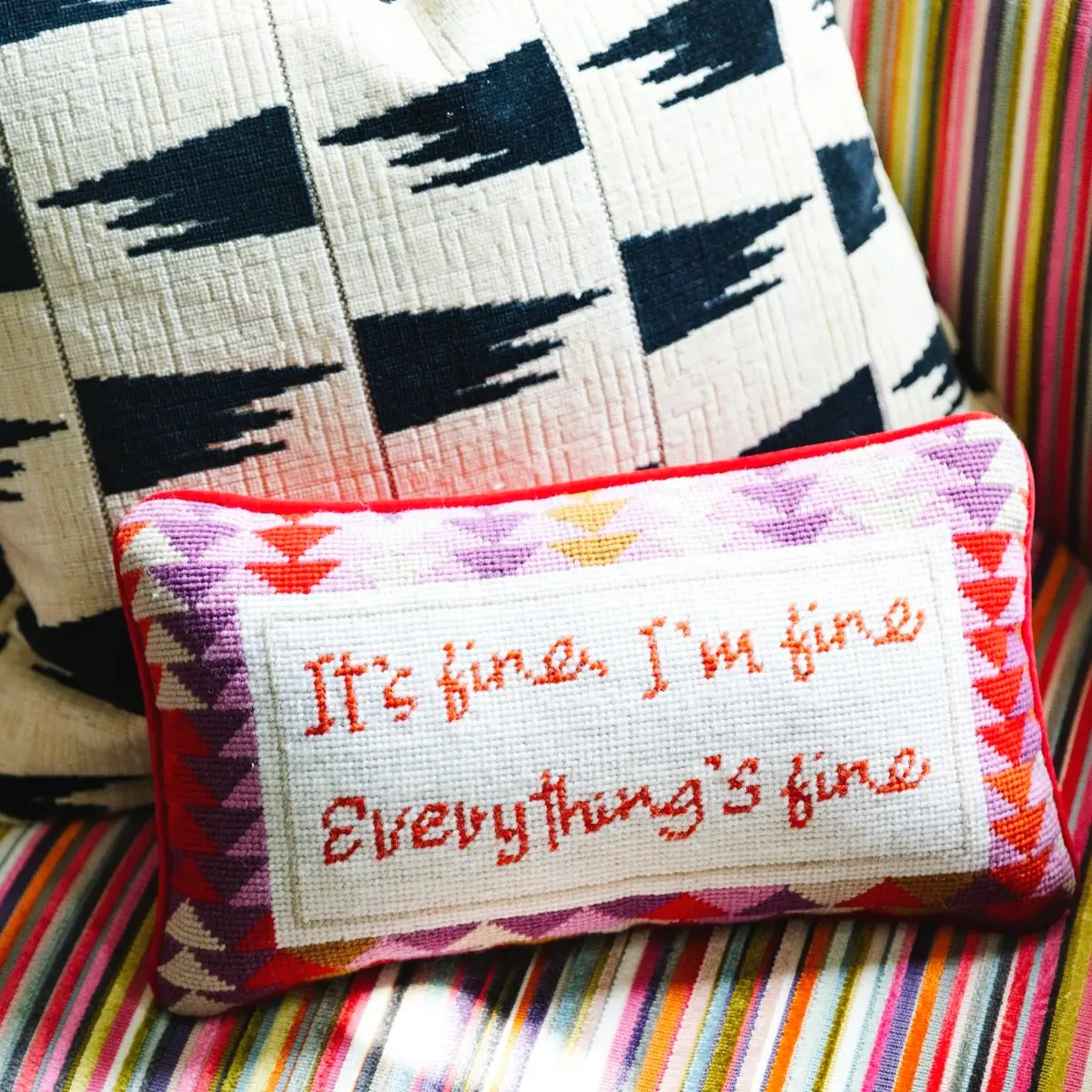Everything's Fine sarcastic needlepoint square pillow for living room bedroom humorous home decor