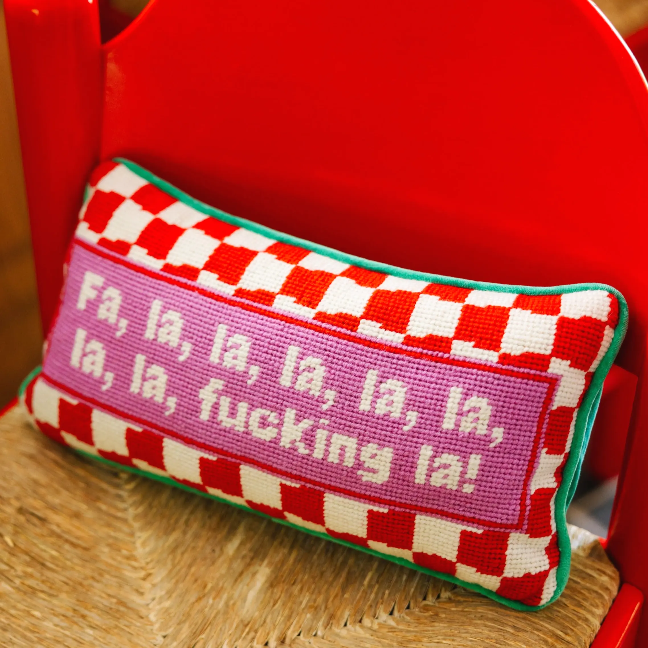 Fa La La holiday needlepoint throw pillow for Christmas living room bedroom seasonal home decor accent