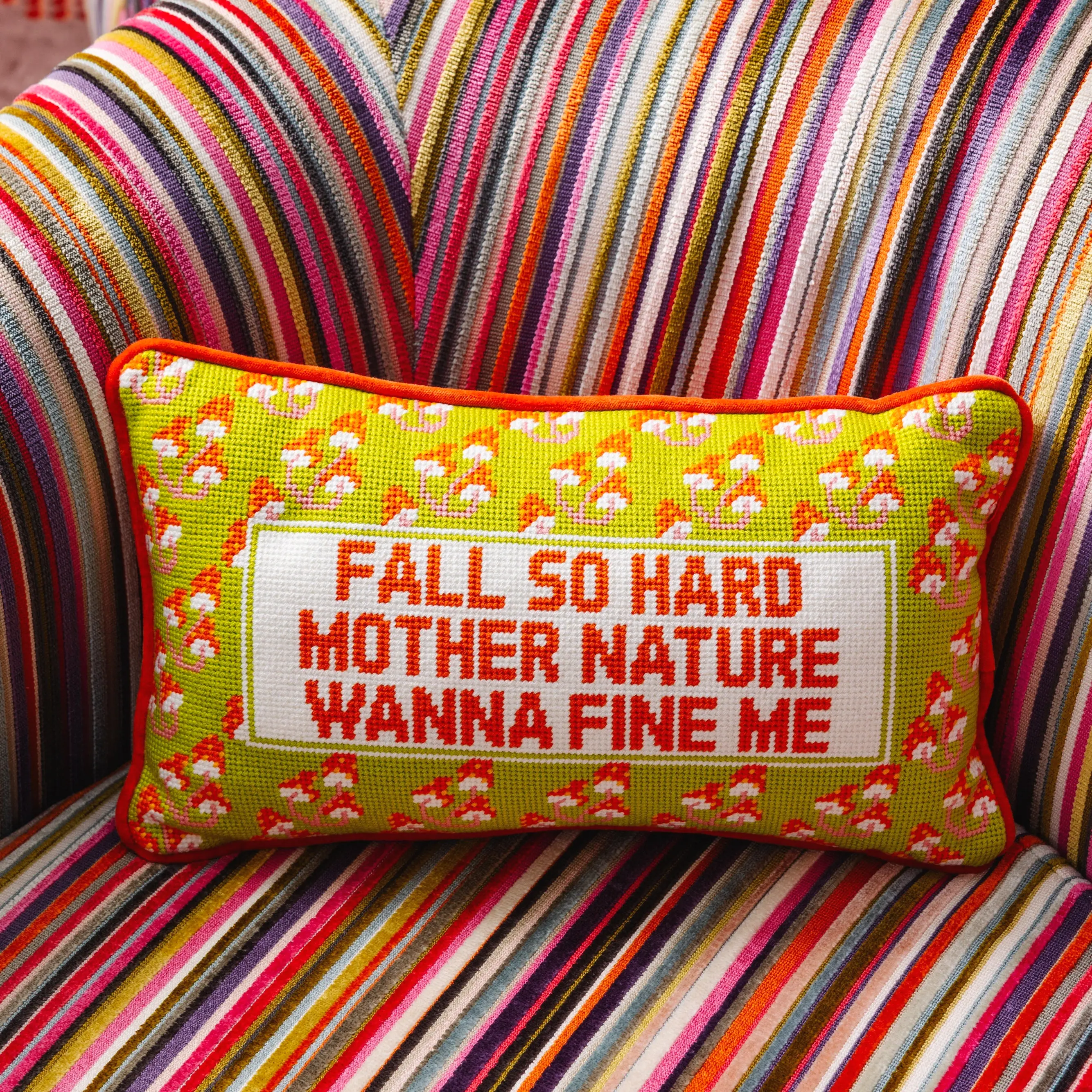 Fall So Hard needlepoint pillow accent for autumn home decor and living room styling