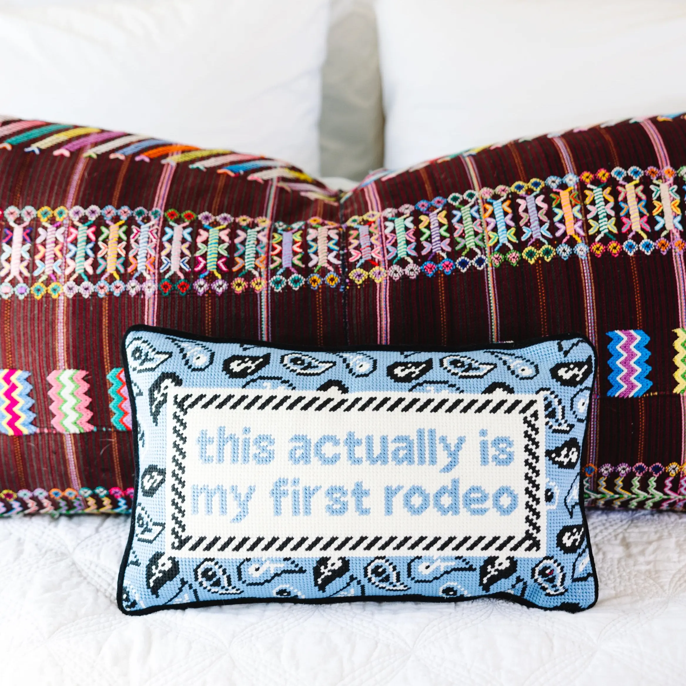 First Rodeo sarcastic needlepoint throw pillow for living room bedroom western humorous home decor
