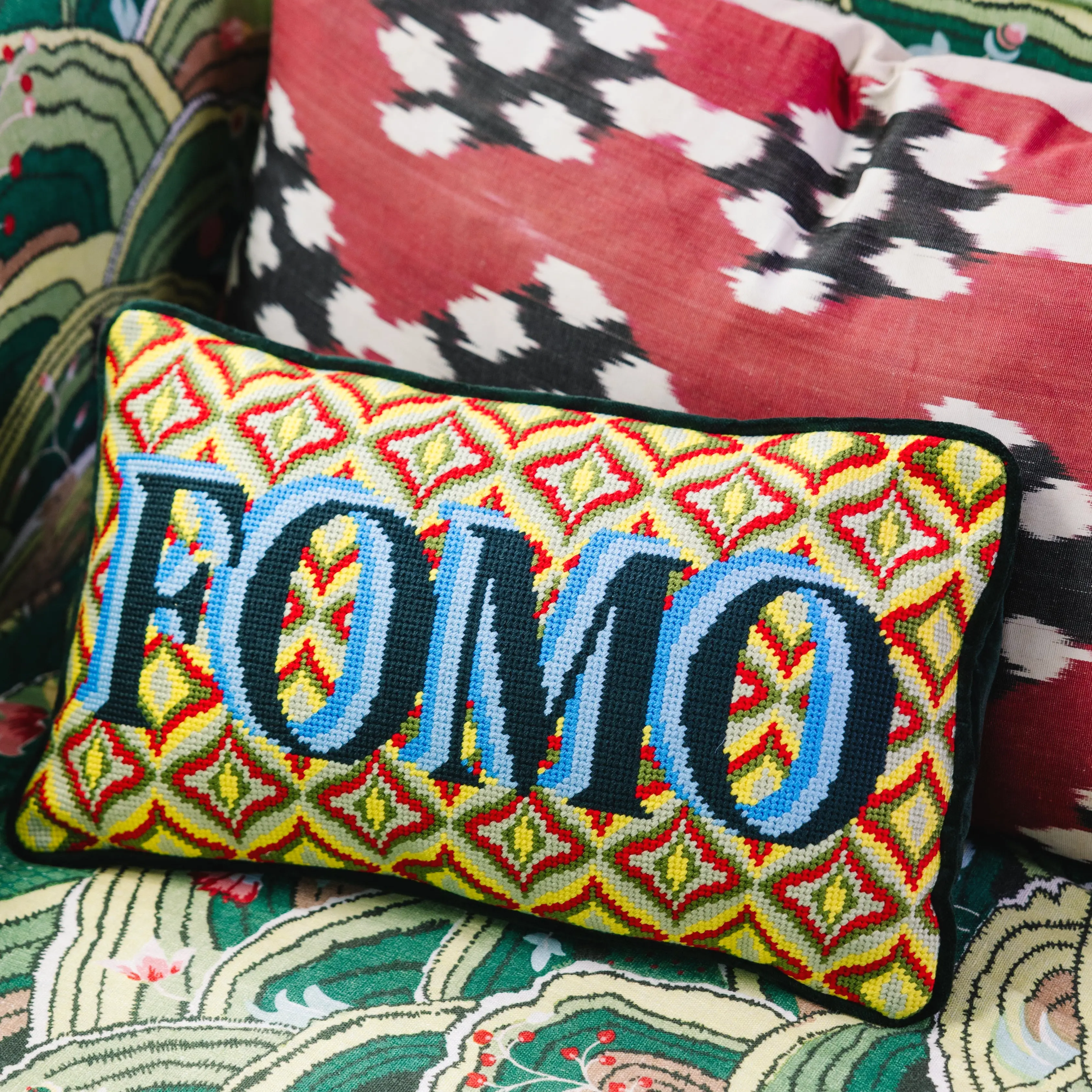FOMO humorous needlepoint throw pillow for living room bedroom couch millennial home decor accent