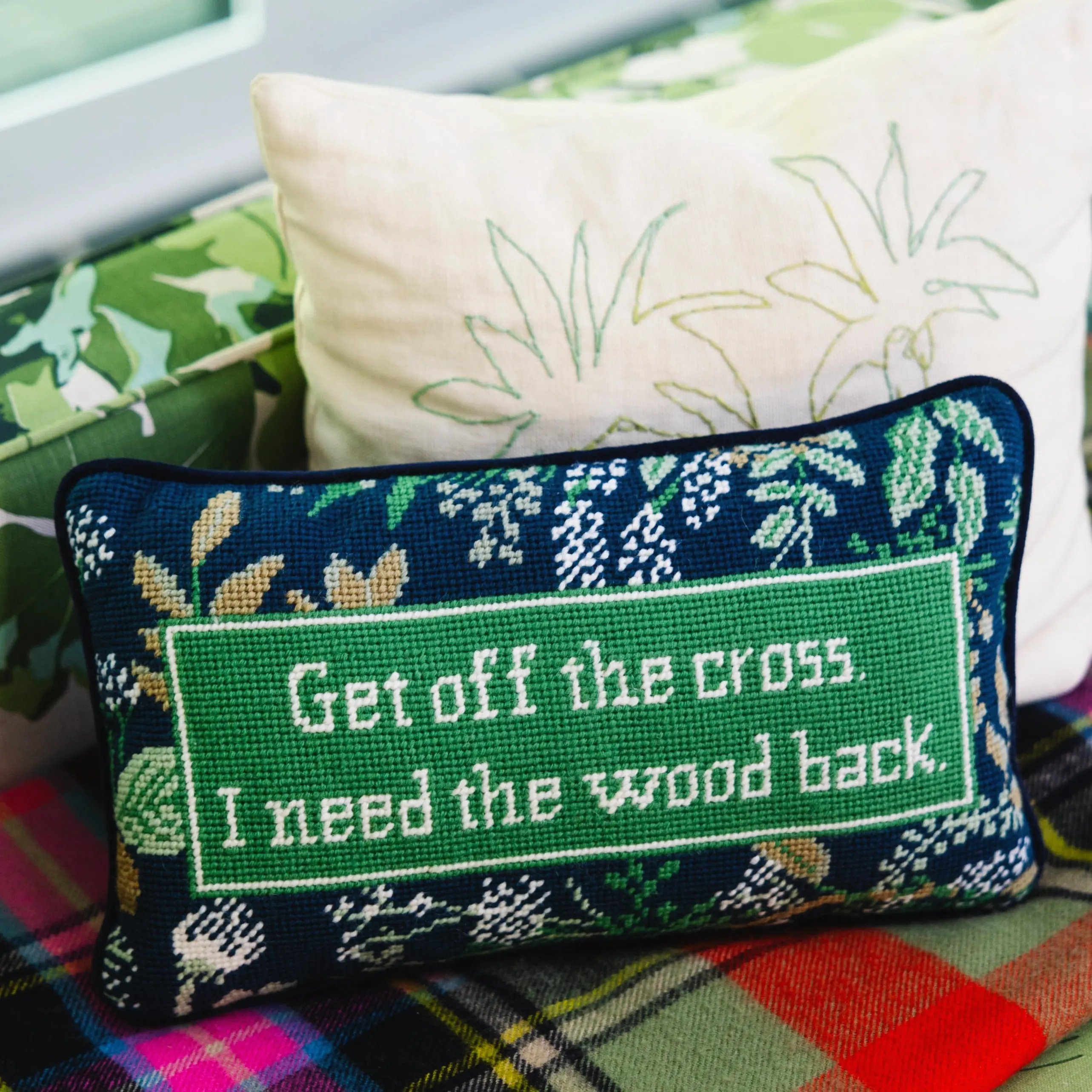 Get Off The Cross needlepoint pillow humorous home accent for sofa, den, or lounge area