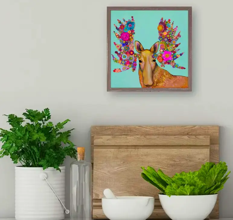 Whimsical Blooming Moose canvas wall art for cabin decor rustic dining room or nature themed nursery wall accent