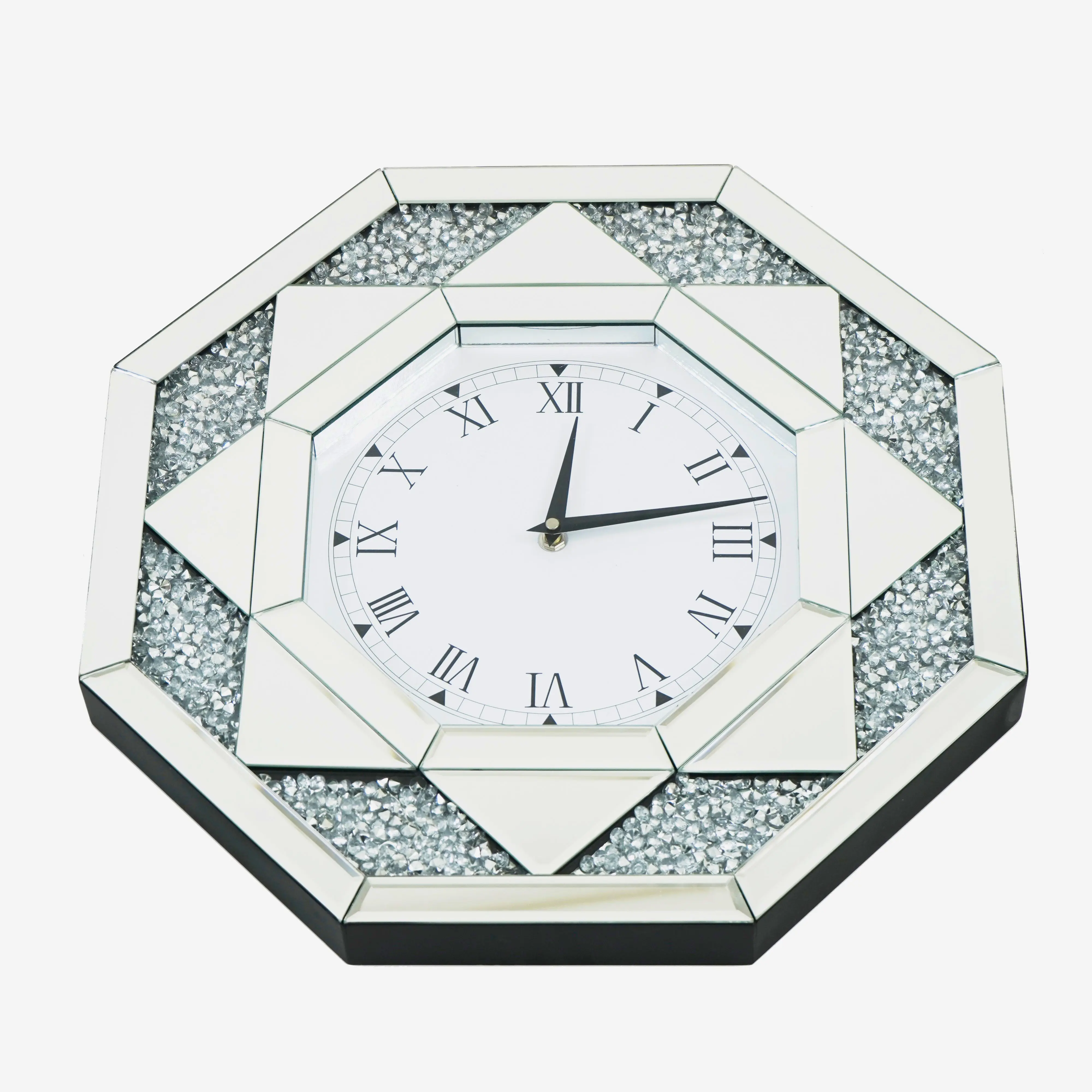 Hexagon mirrored glass wall clock geometric modern timepiece for living room office or bedroom wall decor