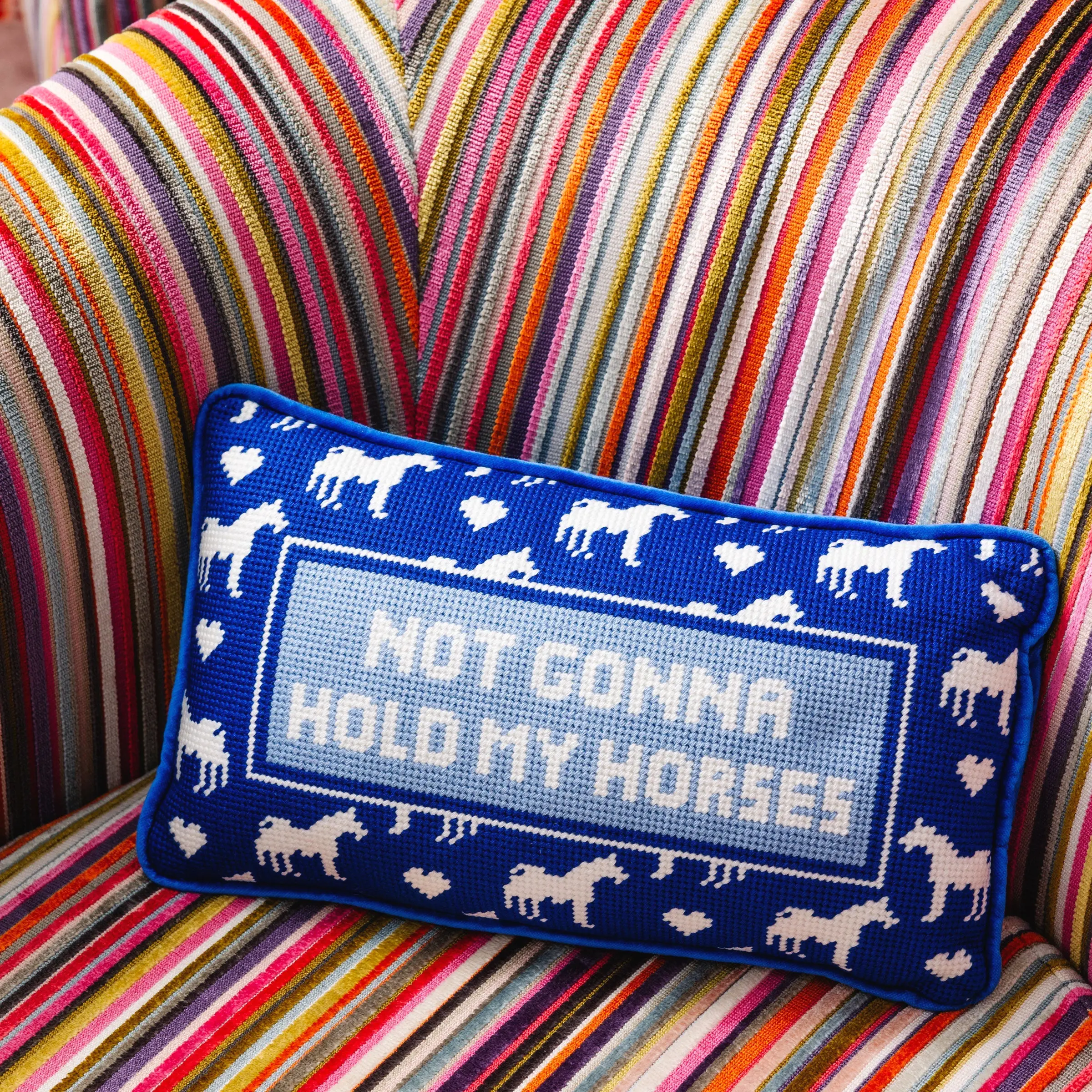 Hold My Horses western needlepoint decorative pillow for living room bedroom rustic home decor accent