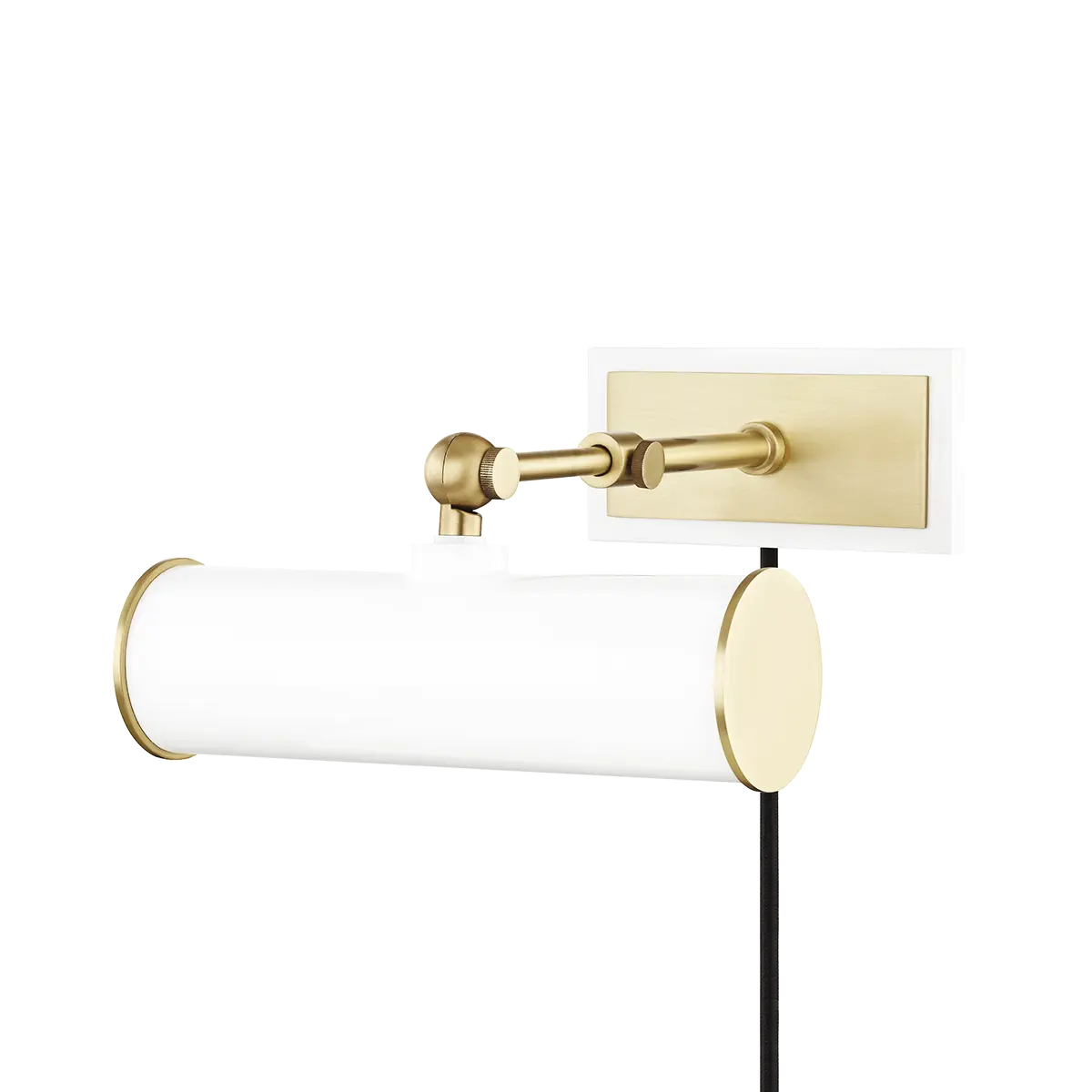 Plug-in brass and white wall sconce, adjustable picture light for bedroom, hallway or office décor