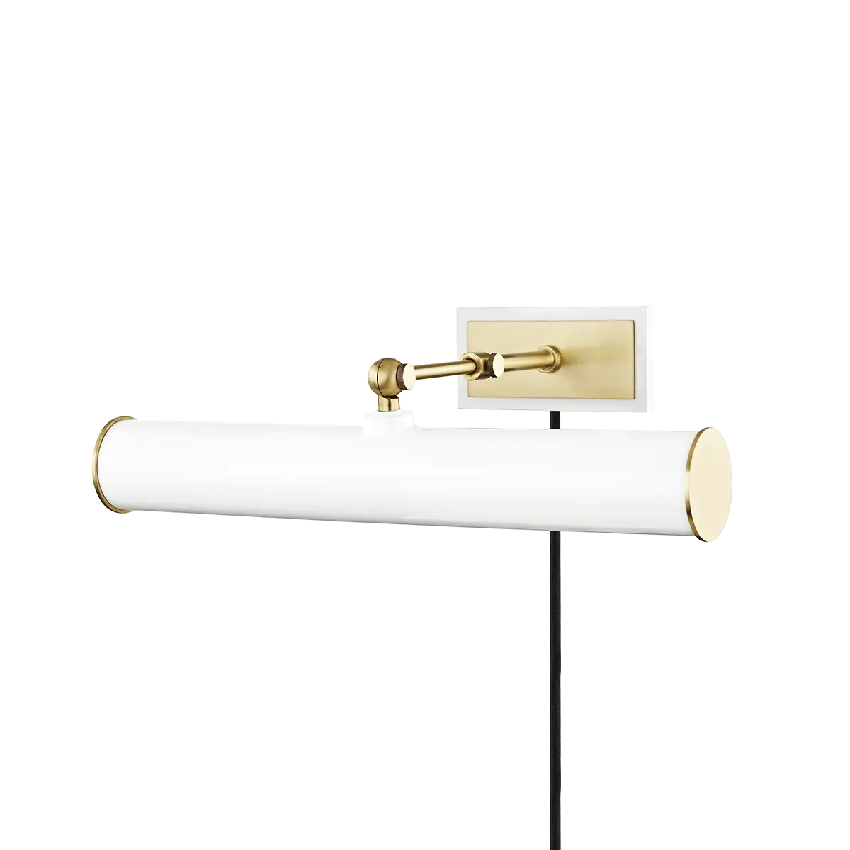 Plug-in brass and white wall sconce, classic lighting fixture for modern hallways or study rooms
