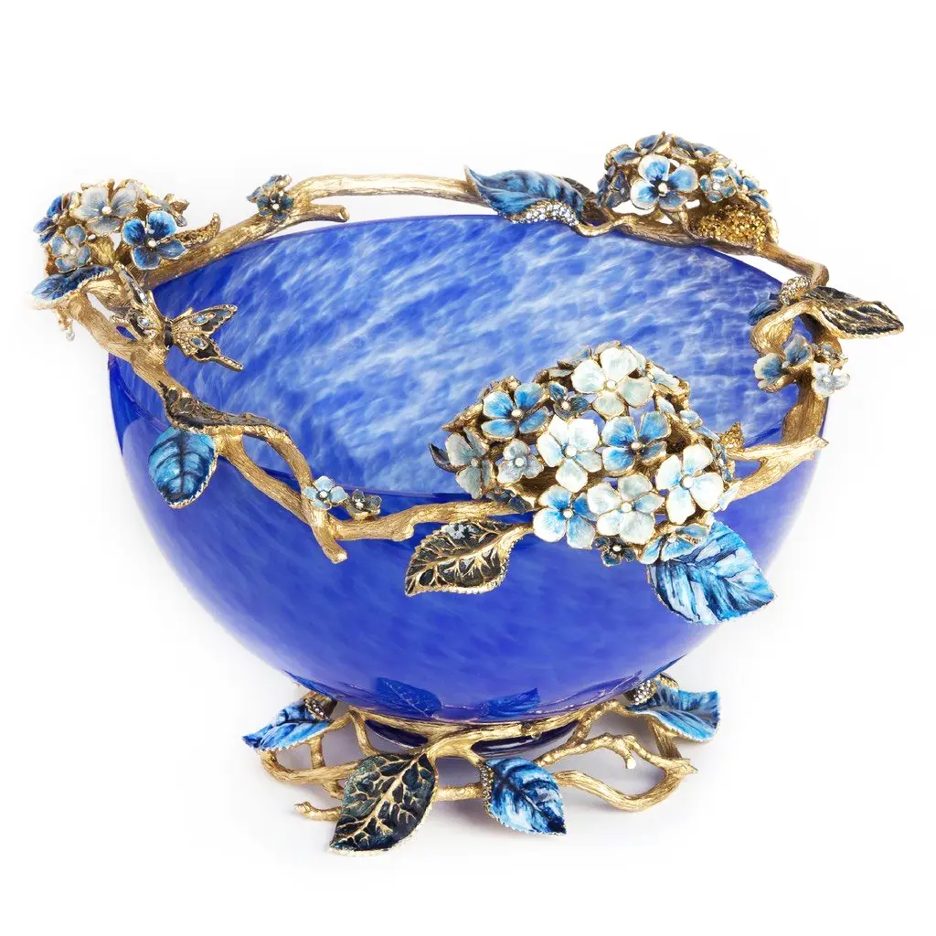 Jay Strongwater Sophie Hydrangea Glass Bowl Delft Garden floral glass centerpiece bowl for living room