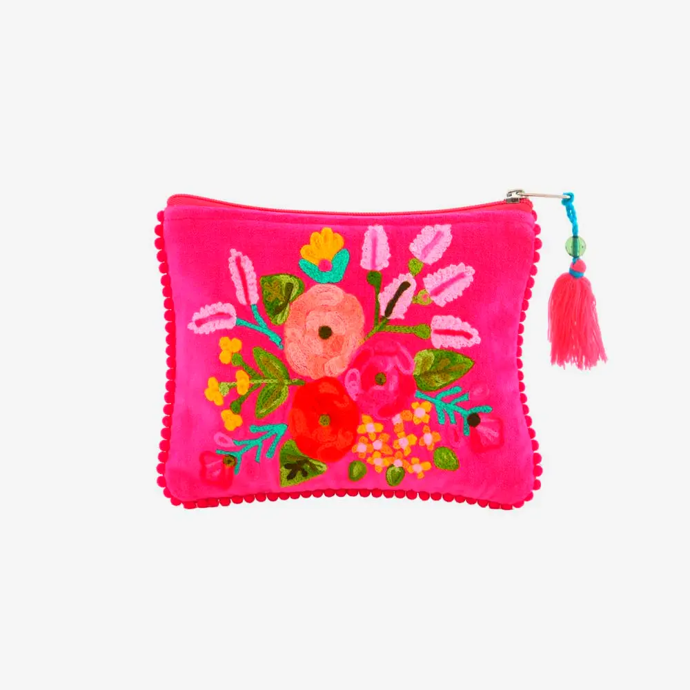 Pink floral pouch for bathroom storage by Karma Living