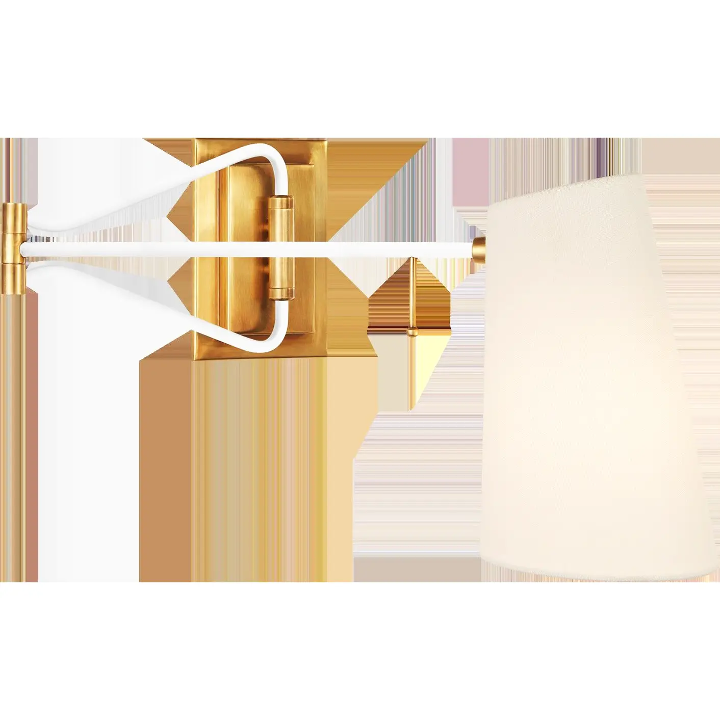 Brass swing arm wall light with white shade, adjustable reading lamp for bedroom or office walls