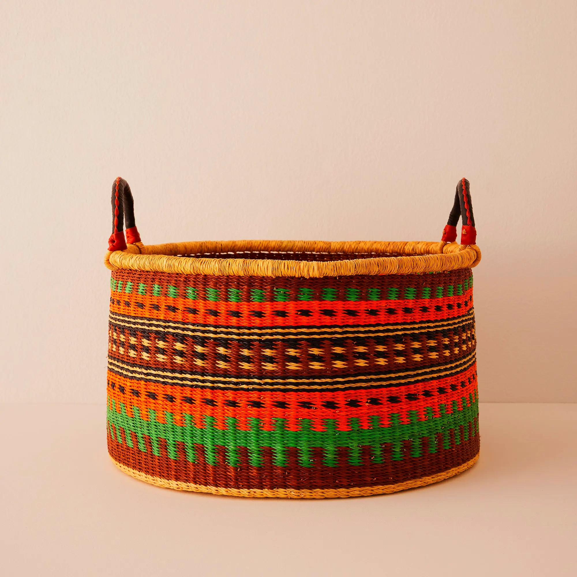 Large multi color straw basket decor. Woven storage for living room rustic home accent.