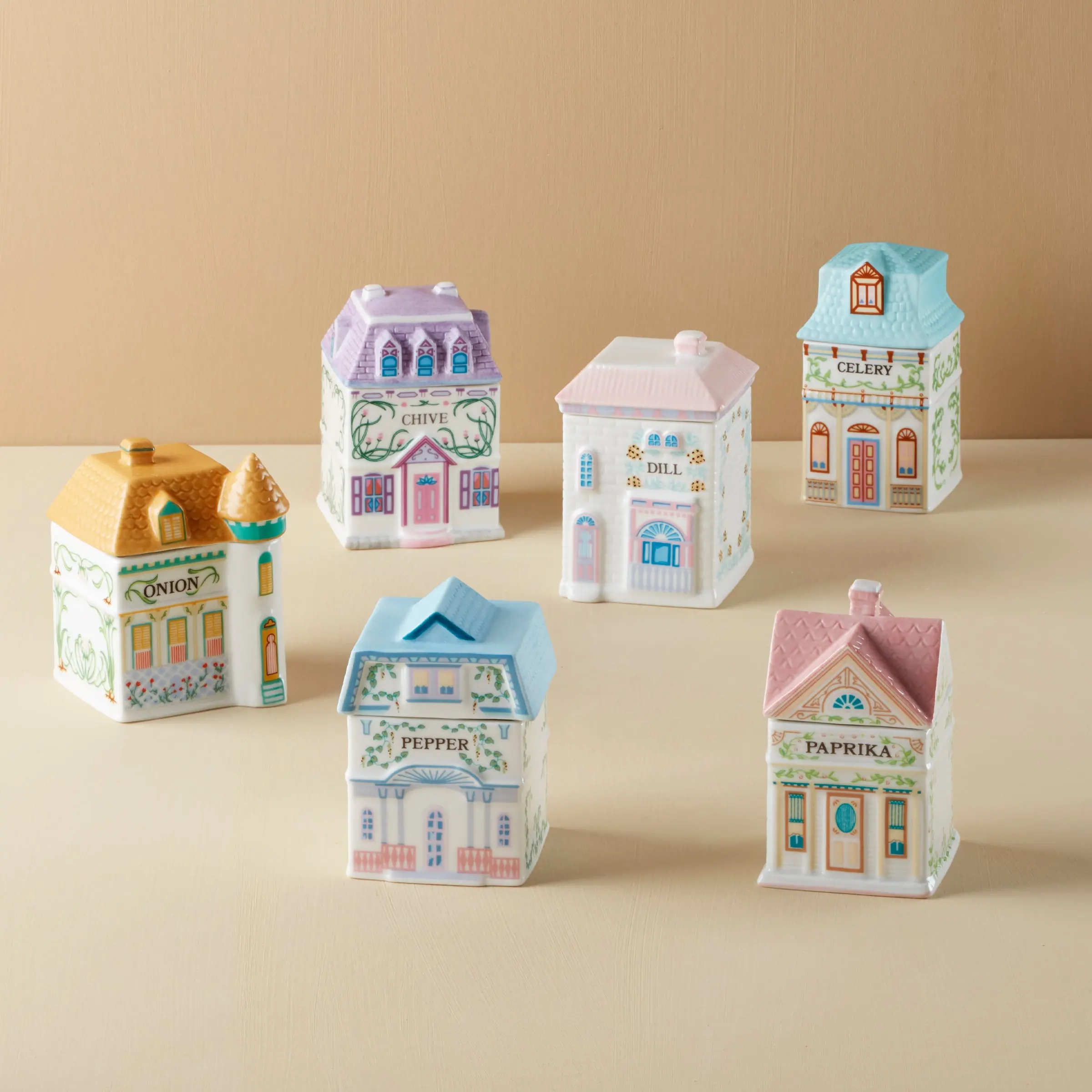 Lenox Spice Village 6-piece spice jar set Savory design for porcelain kitchen storage display