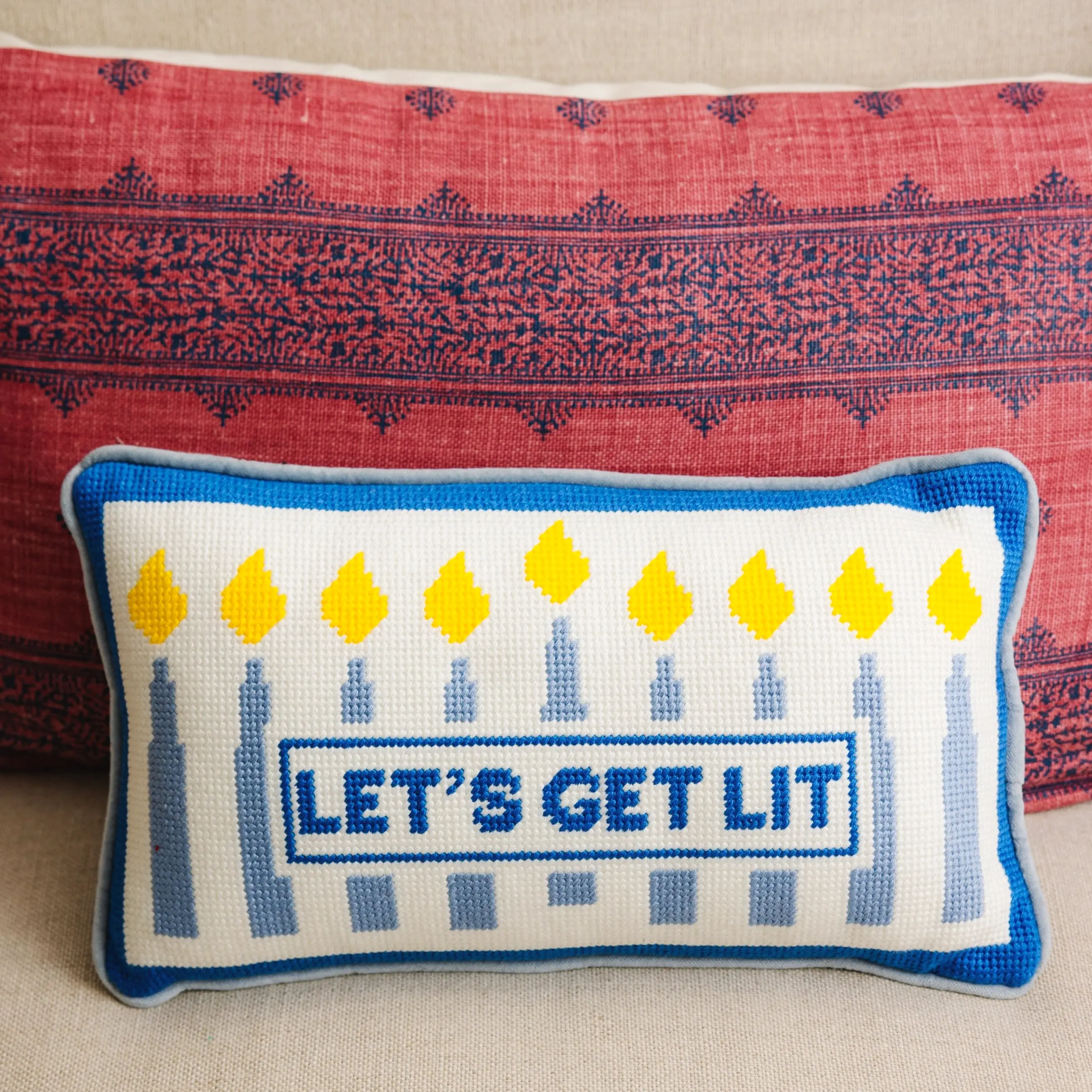 Let's Get Lit Chanukah funny Jewish holiday needlepoint pillow for living room bedroom Hanukkah decor