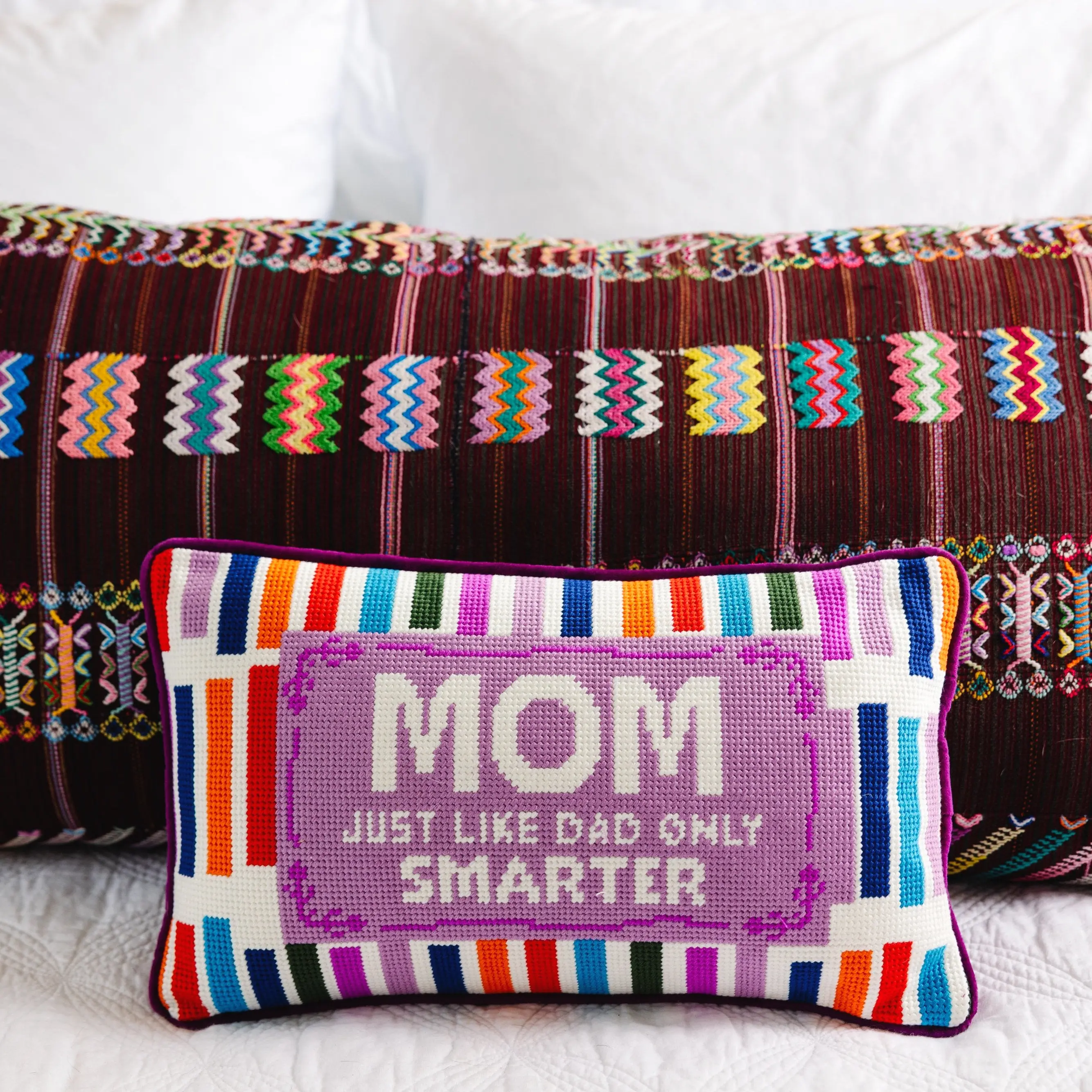Mom Rules mother themed needlepoint lumbar pillow for living room bedroom family home decor accent