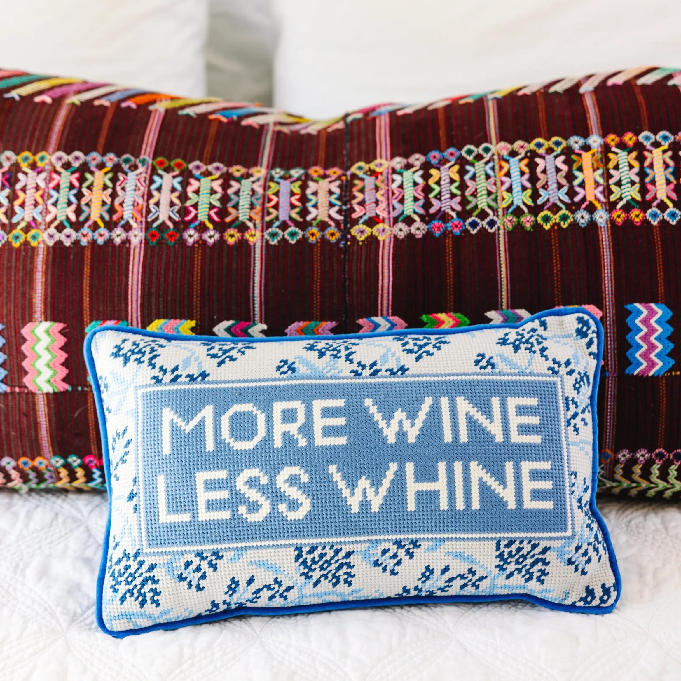 More Wine needlepoint pillow for kitchen or dining room decor.
