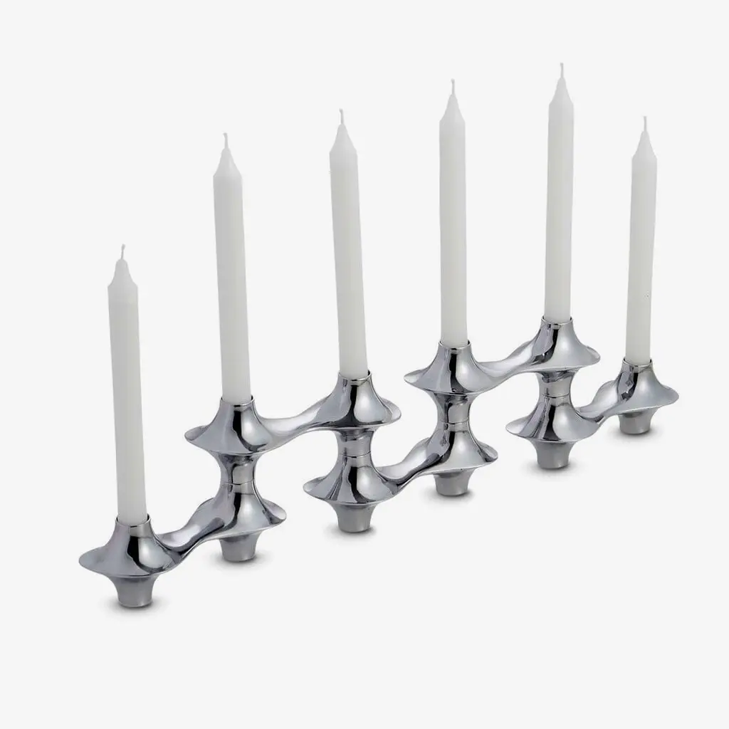 Nambe Cortina hinged modern candelabra for dining table or living room decor.