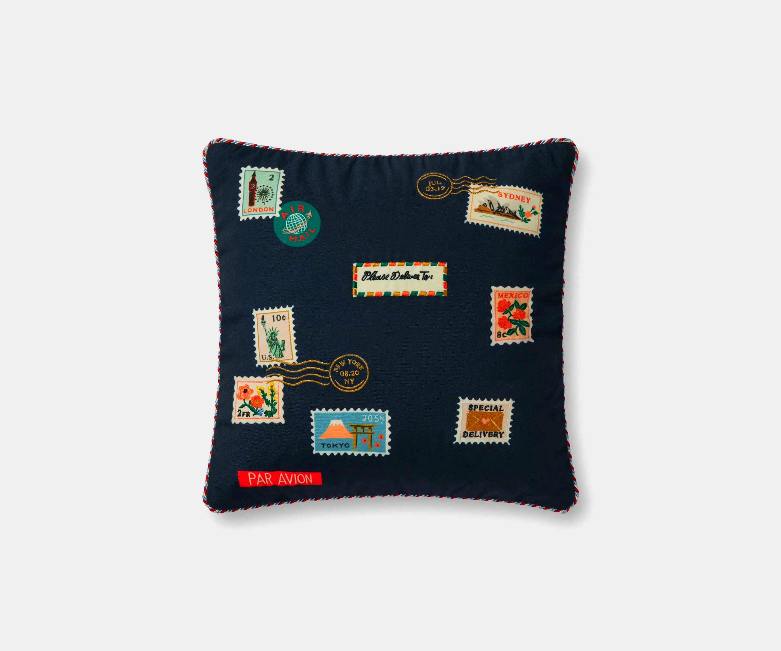 Navy Postage Stamps Embroidered Decorative Pillow. Unique design, perfect for a study or office.