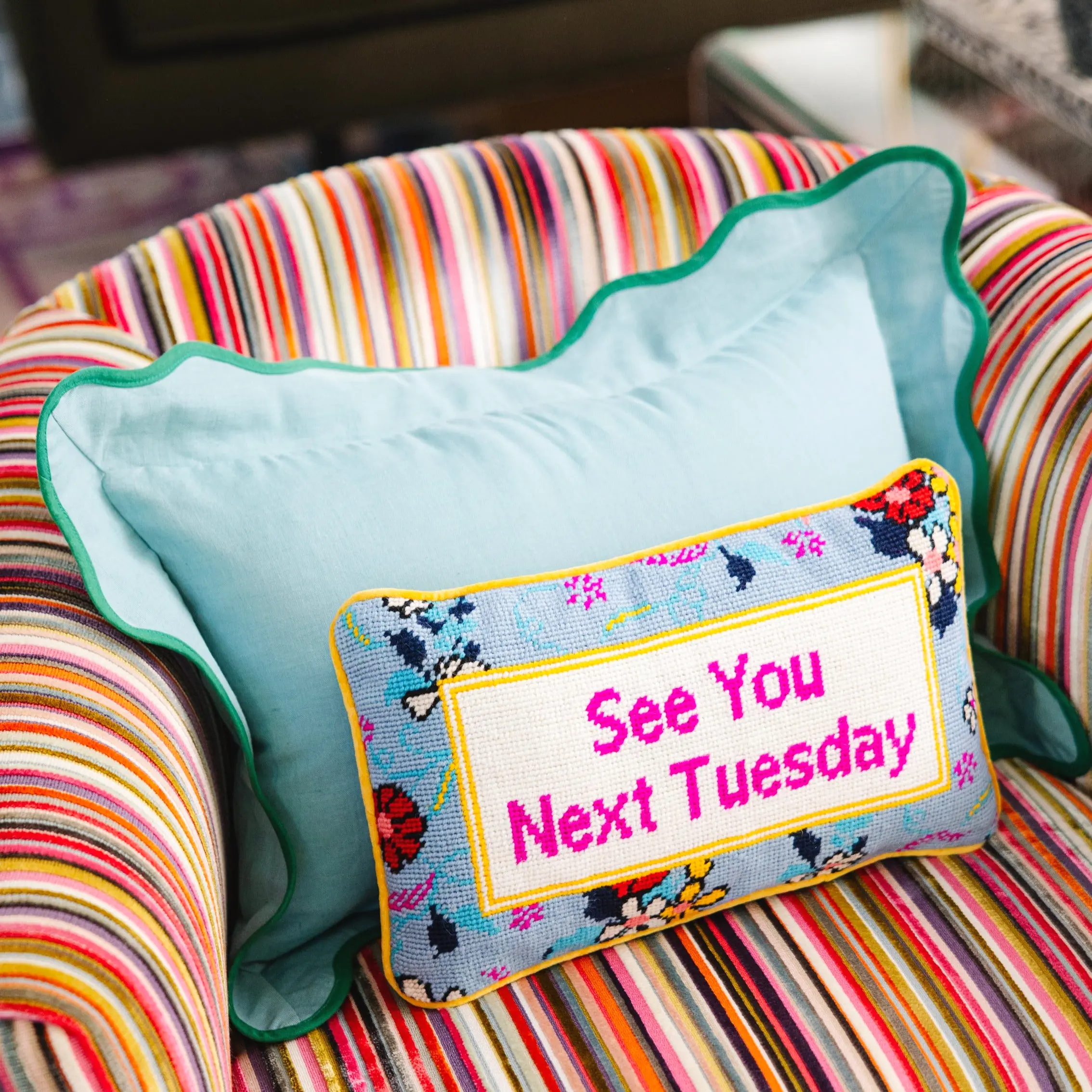 Next Tuesday needlepoint pillow for humorous office or den.