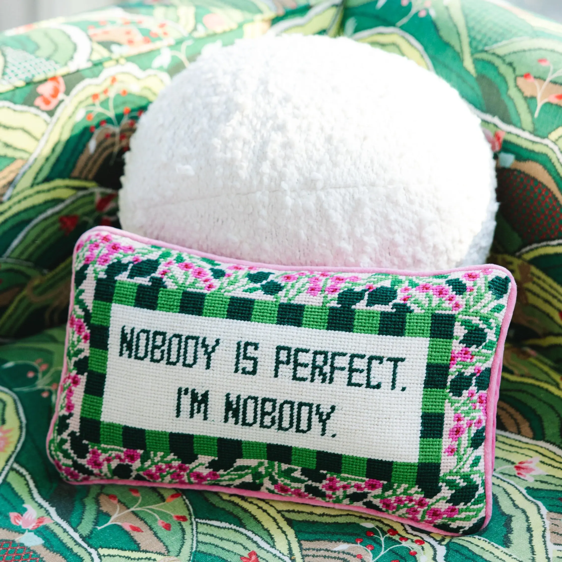 Nobody's Perfect needlepoint pillow for humorous home decor.