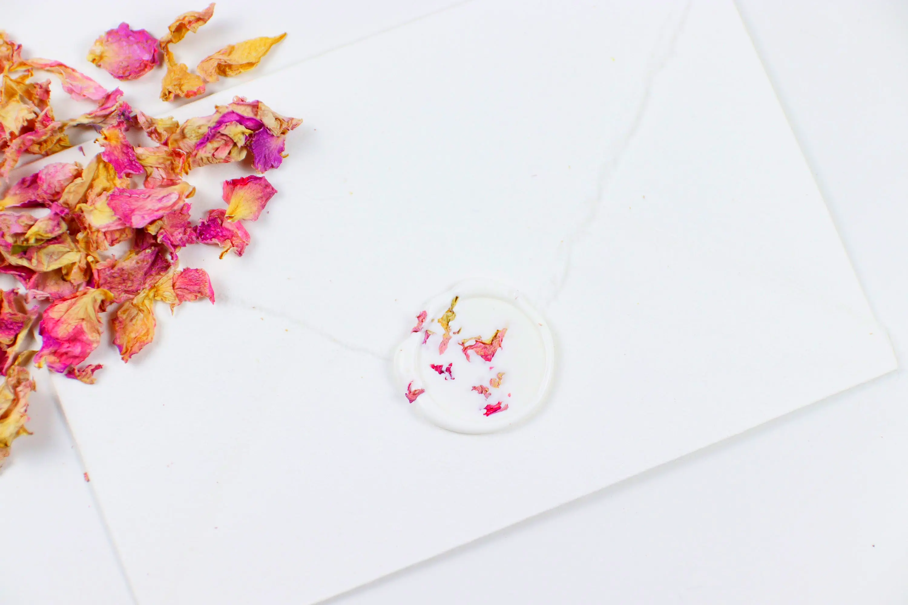 Pink Rose Petals wax seals in white wax, perfect for timeless wedding invitations and elegant calligraphy letters.
