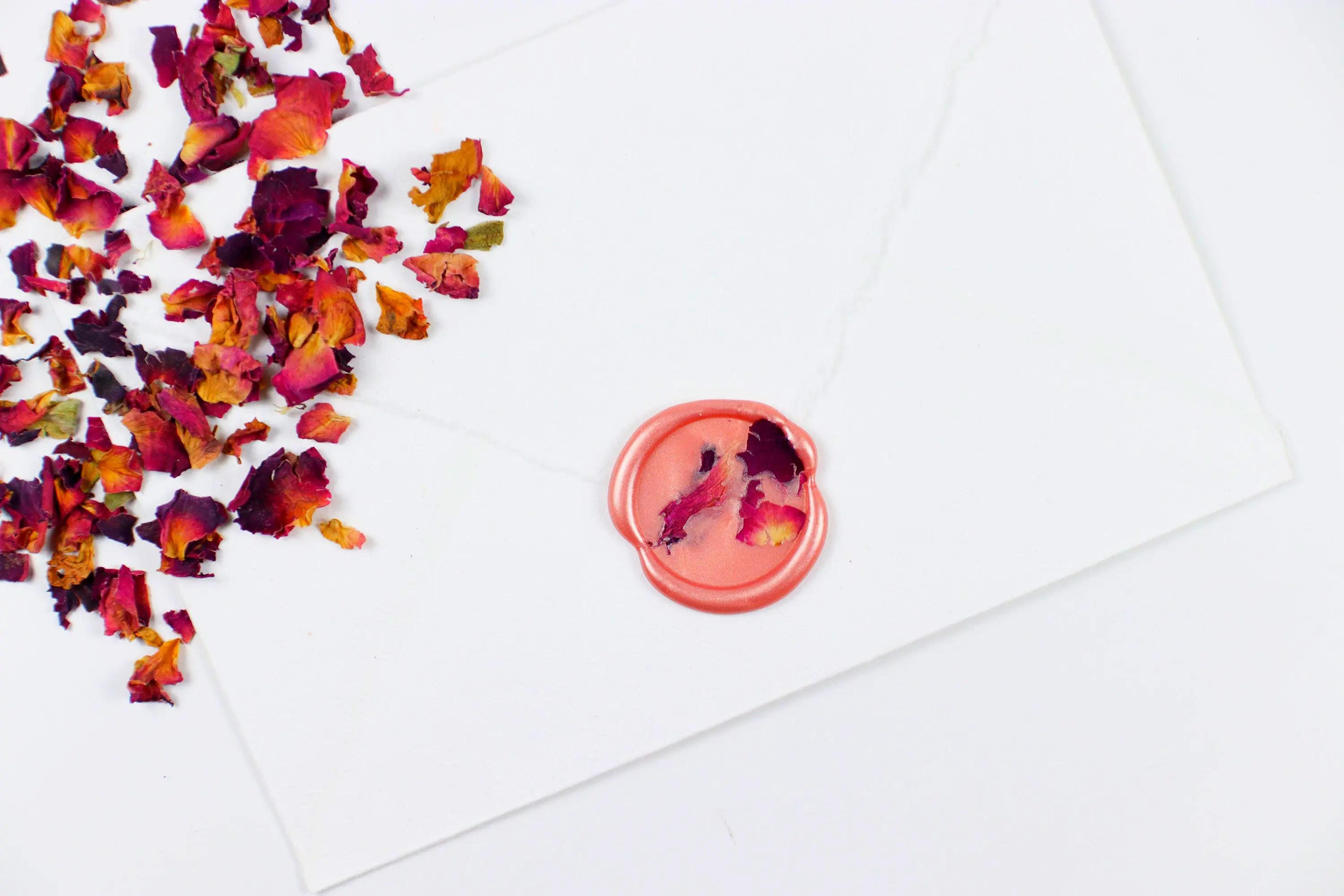 Red Rose Petals wax seals with rose gold wax, perfect for romantic letters, wedding invitations, and journaling.
