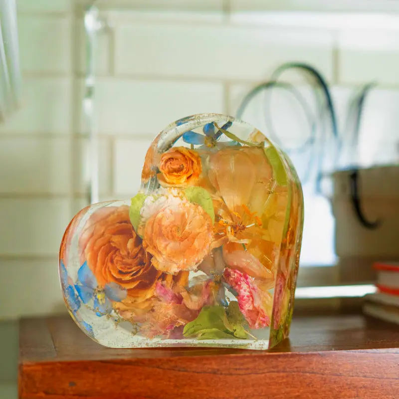 Personalized heart resin keepsake. Floral memorial gift idea remembrance.