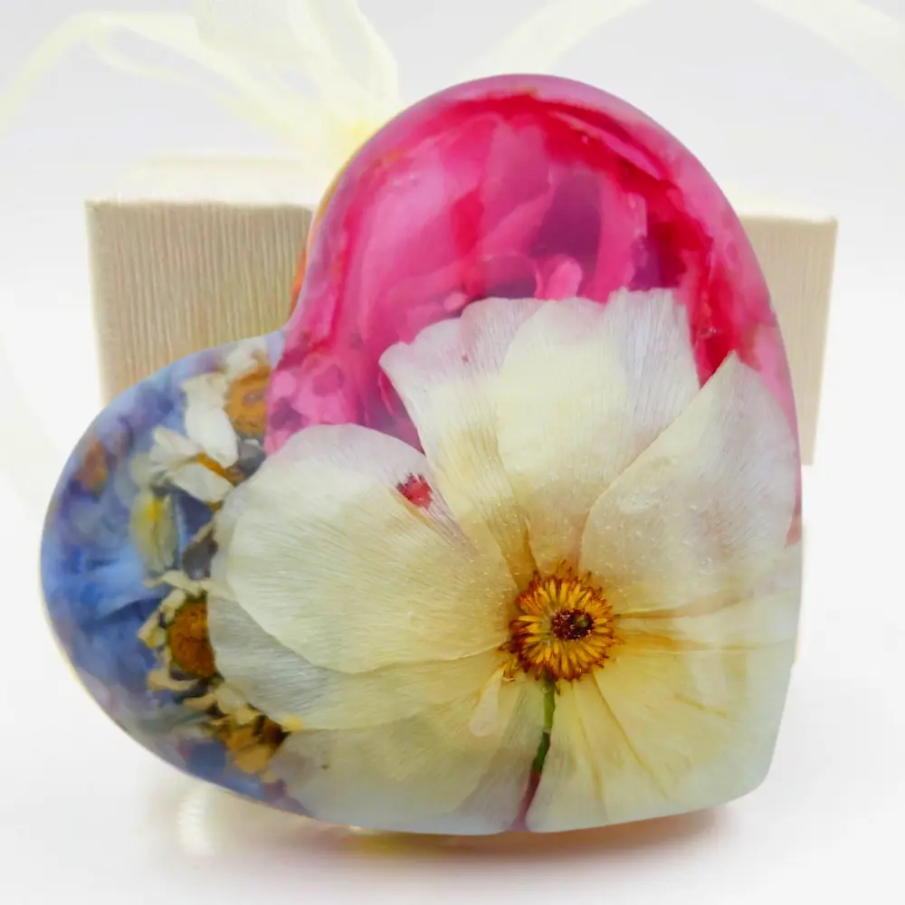 Resin Heart Paperweight Wedding keepsake for home office or memory display.