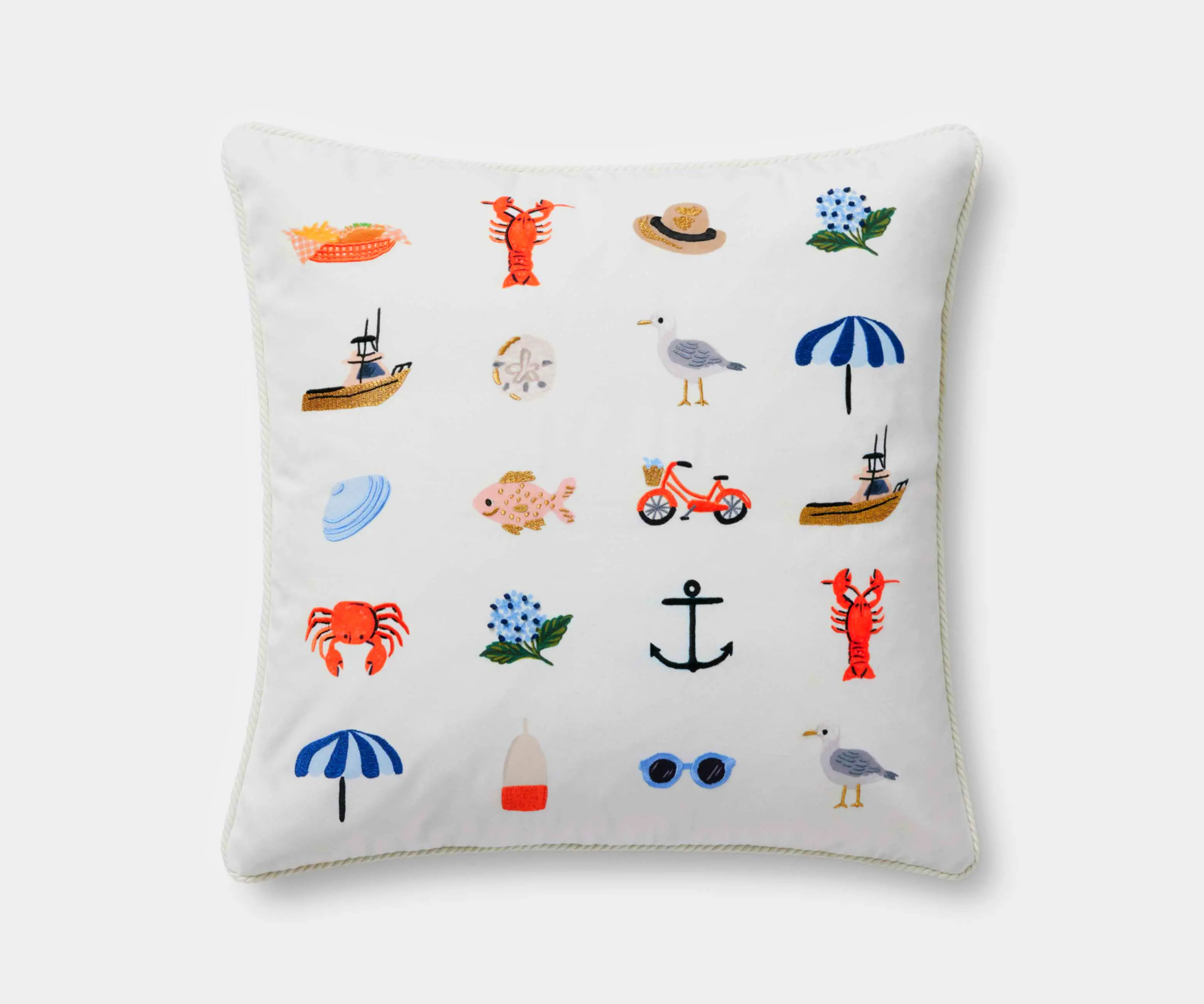Seaside White Embroidered Pillow. Coastal style for your beach house or sunroom decor.