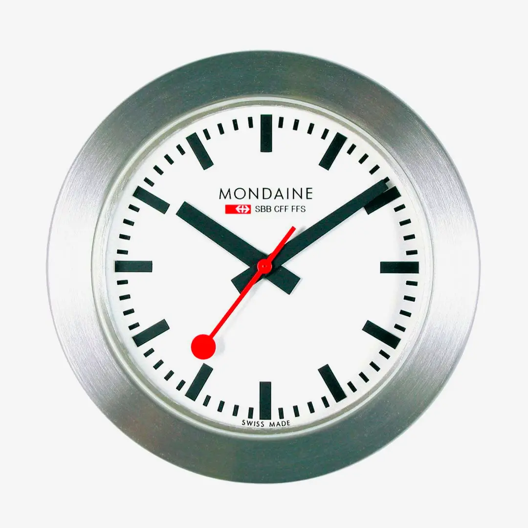 Silver aluminum magnet clock 50mm modern desk or kitchen accessory with a sleek minimalist design.