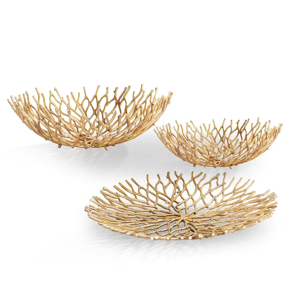 SPI Home Coral Aluminum Tray and Bowls Set of 3 coastal coral design serving set for dining or decor