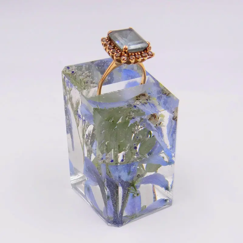 Square resin ring holder. Modern floral jewelry organizer for bedroom.