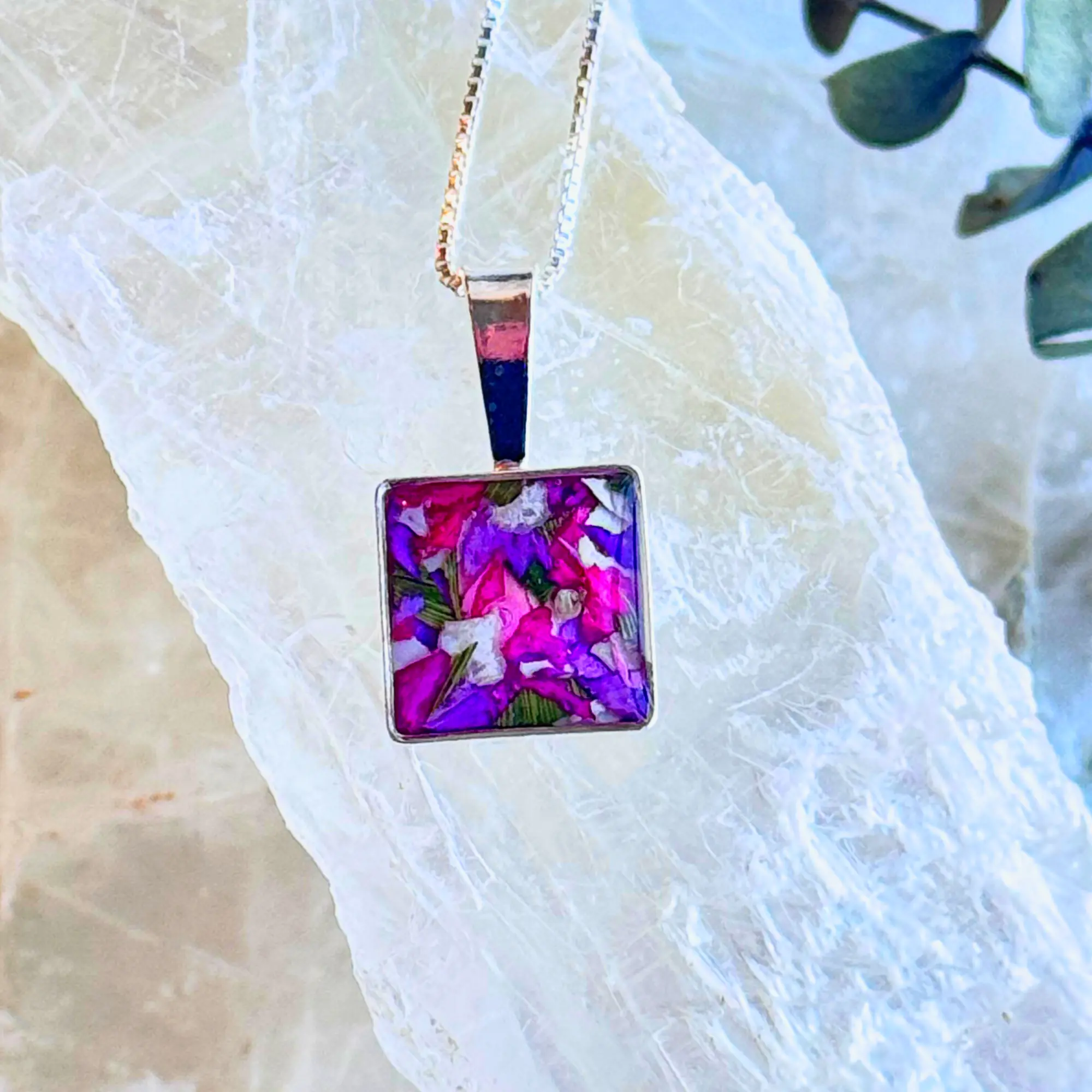 Wedding keepsake square necklace. Floral resin pendant jewelry.