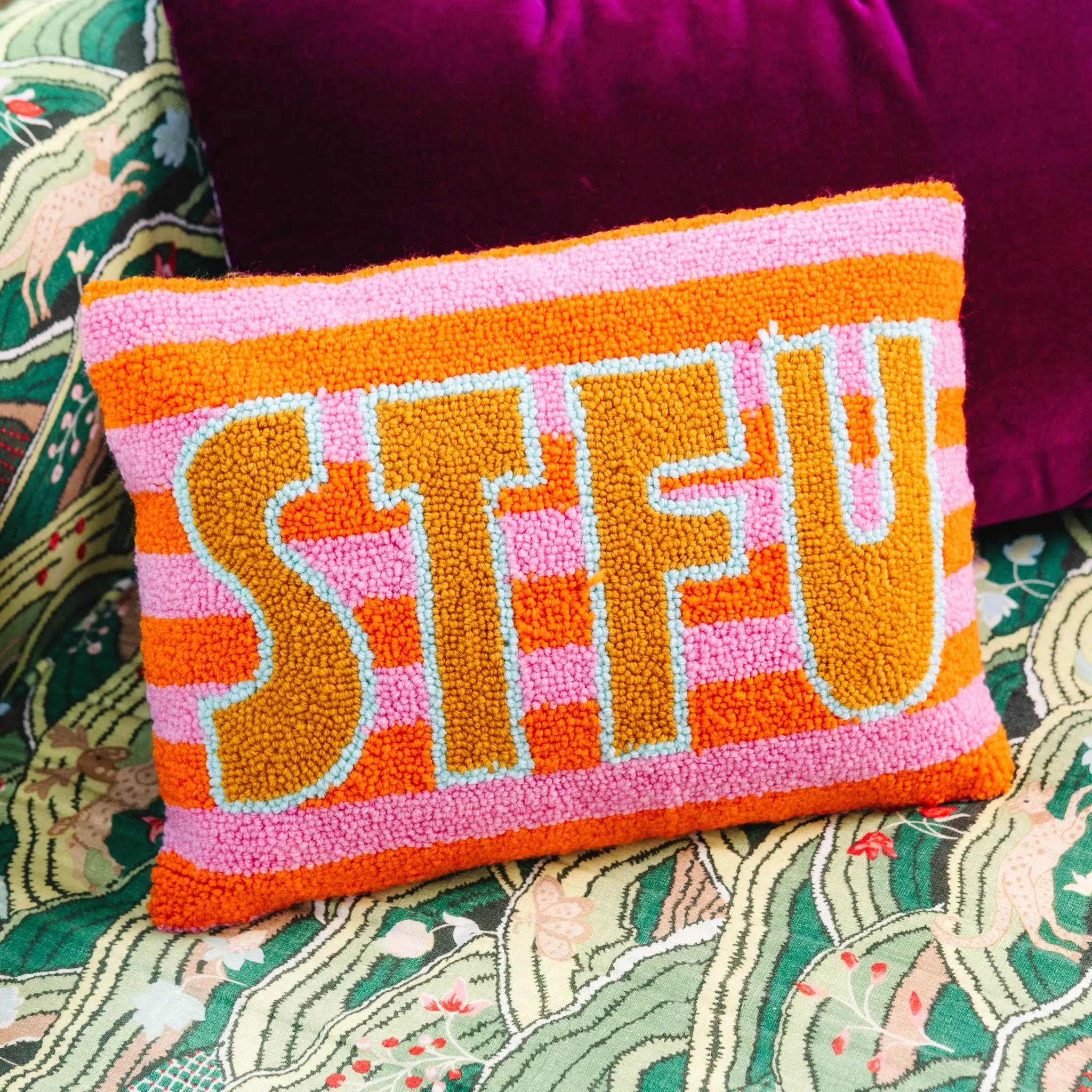 STFU hook pillow for humorous den or man cave.