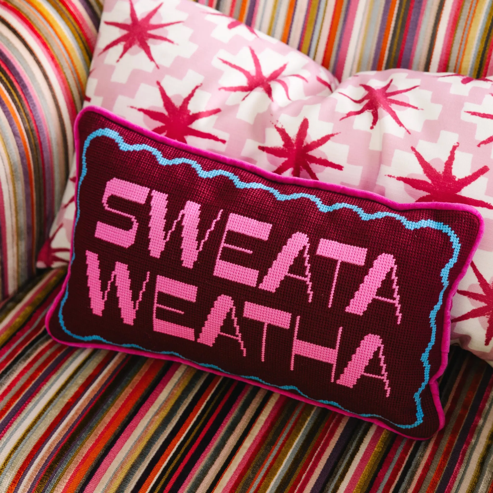 Sweata Weatha Halloween needlepoint pillow for autumn living room.