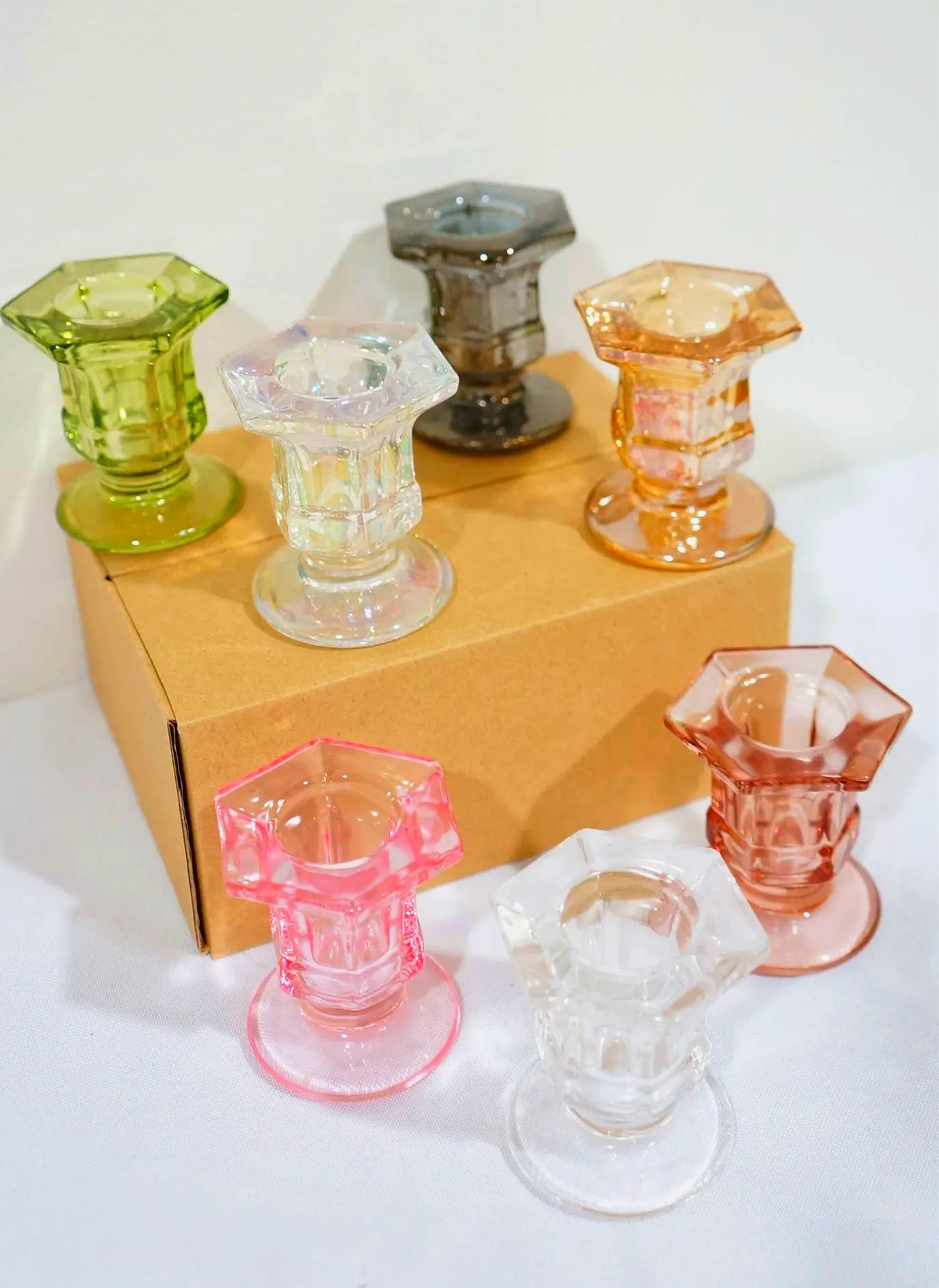 Vintage inspired amber glass candlestick holders in multiple colors elegant dining table centerpiece or mantel decoration