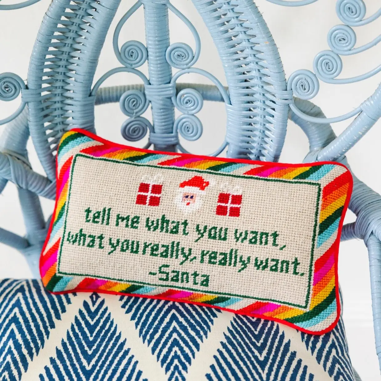Tell Me What You Want holiday needlepoint pillow for bedroom or living room.