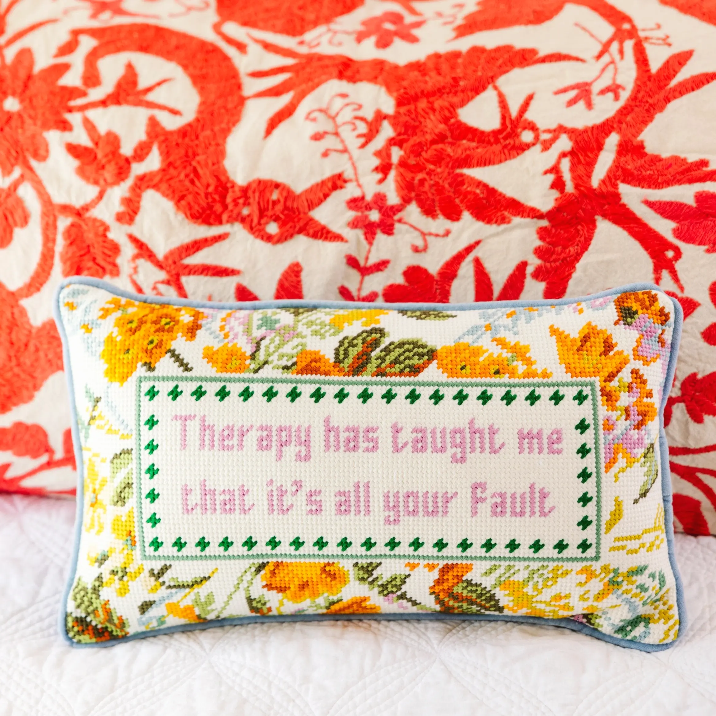 Therapy needlepoint pillow for cozy living room or bedroom.