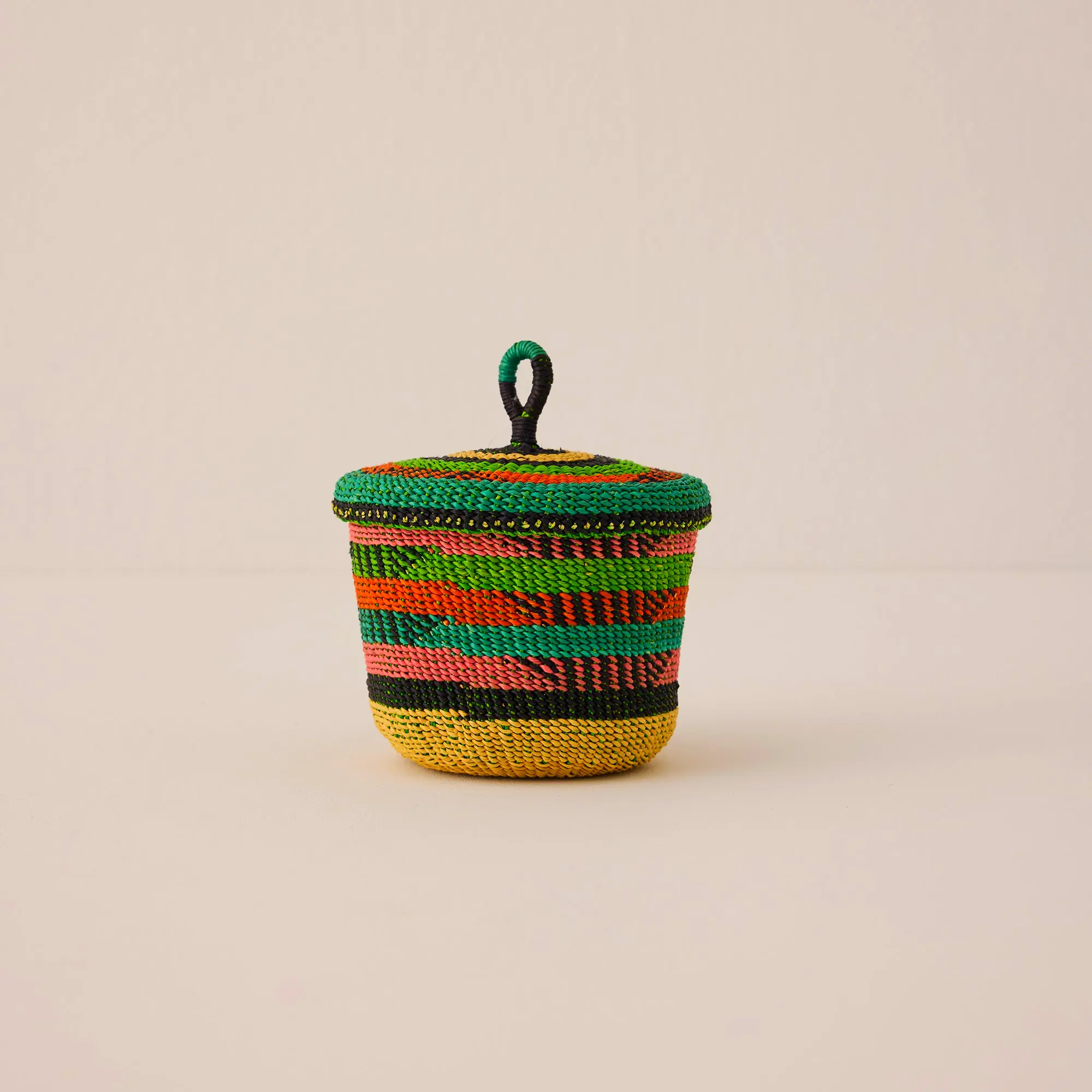 Tiny multicolor Banasco straw basket. Small woven basket home decor.