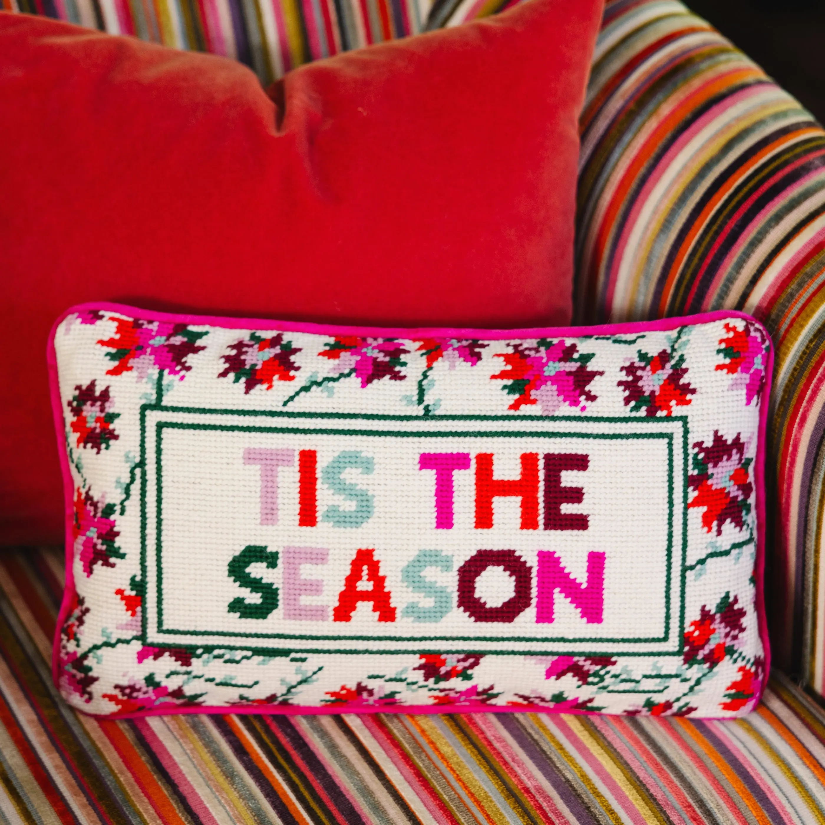 Tis The Season holiday needlepoint pillow for Christmas home decor.