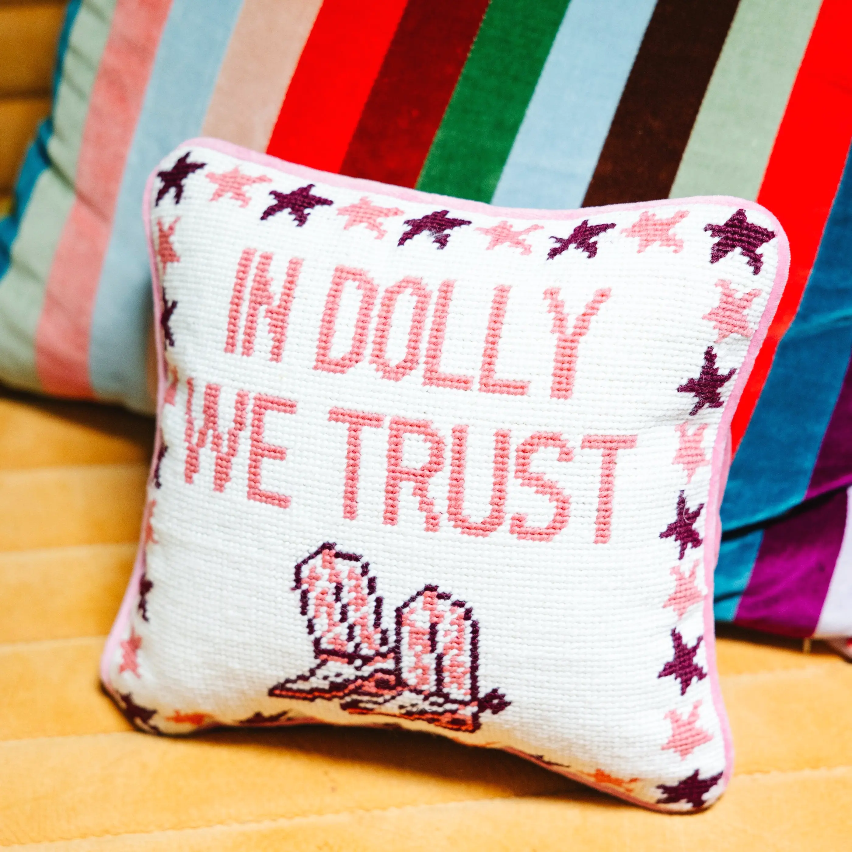 Trust Dolly needlepoint pillow for Southern living room accent.