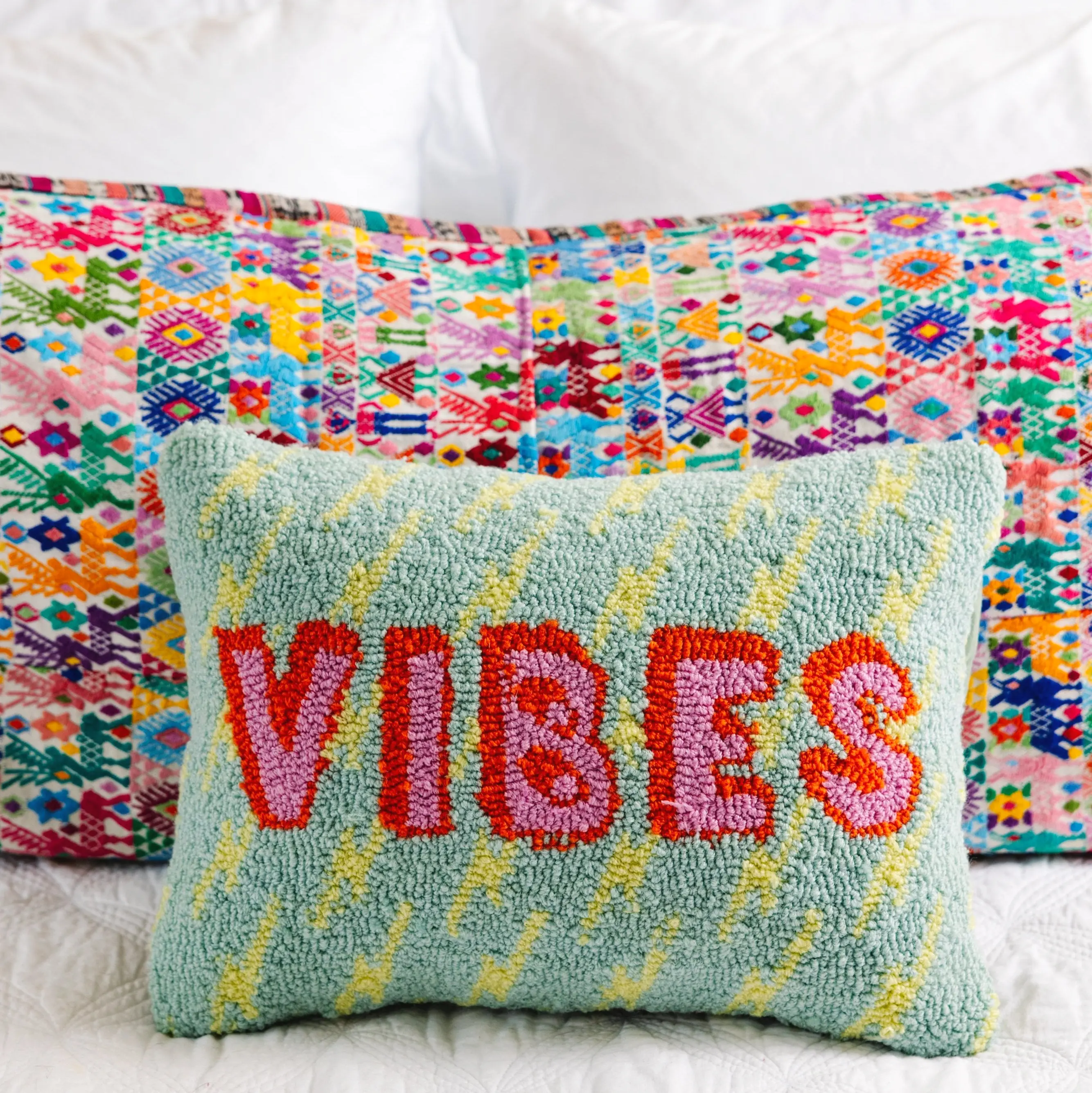 Vibes hook pillow for living room or bedroom boho accent.
