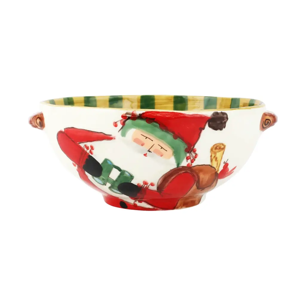 Vietri Old St. Nick Bird Watcher Bowl with Handles Christmas serving bowl for festive dining table