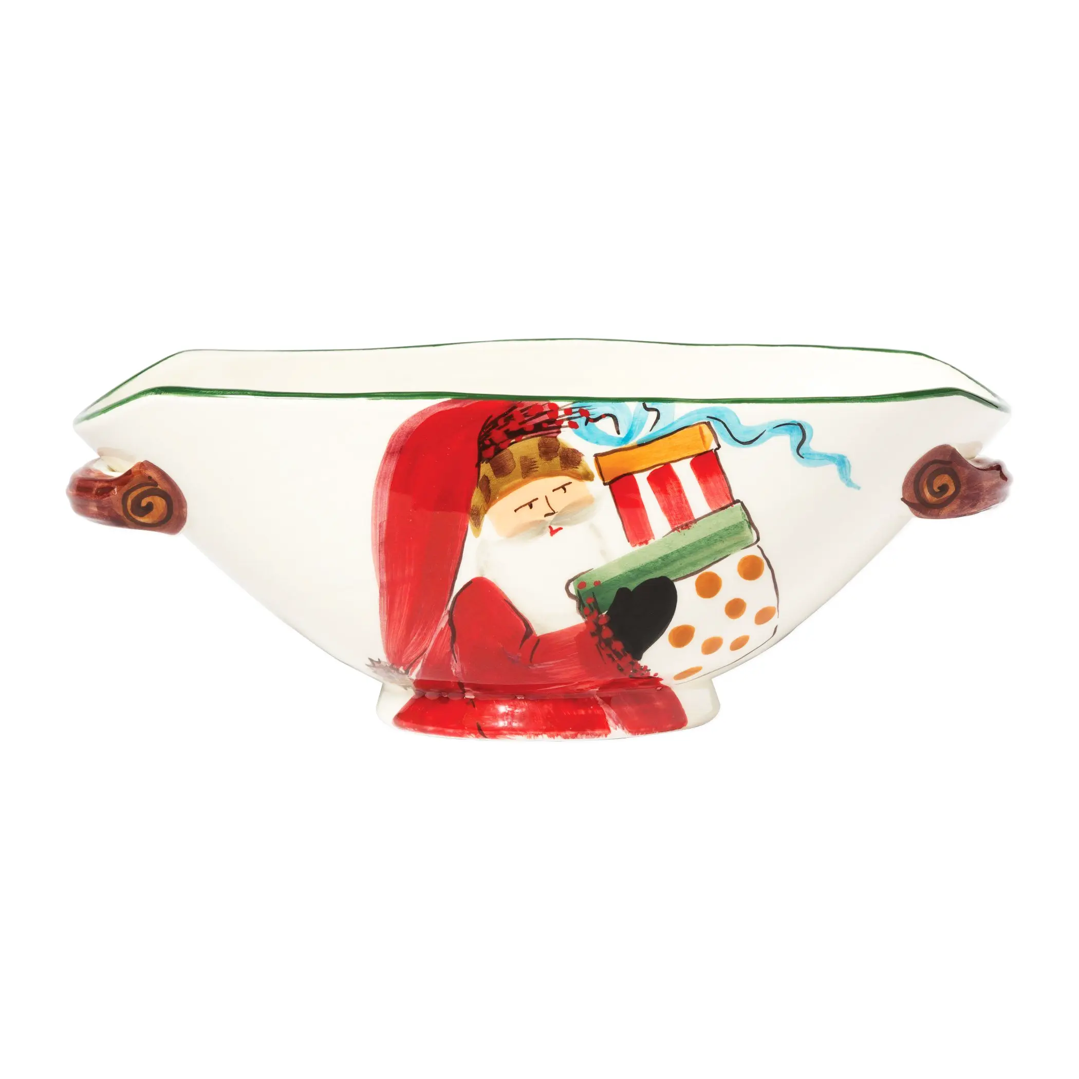 Vietri Old St. Nick Oval Bowl with handles holiday serving bowl for dining or festive living room