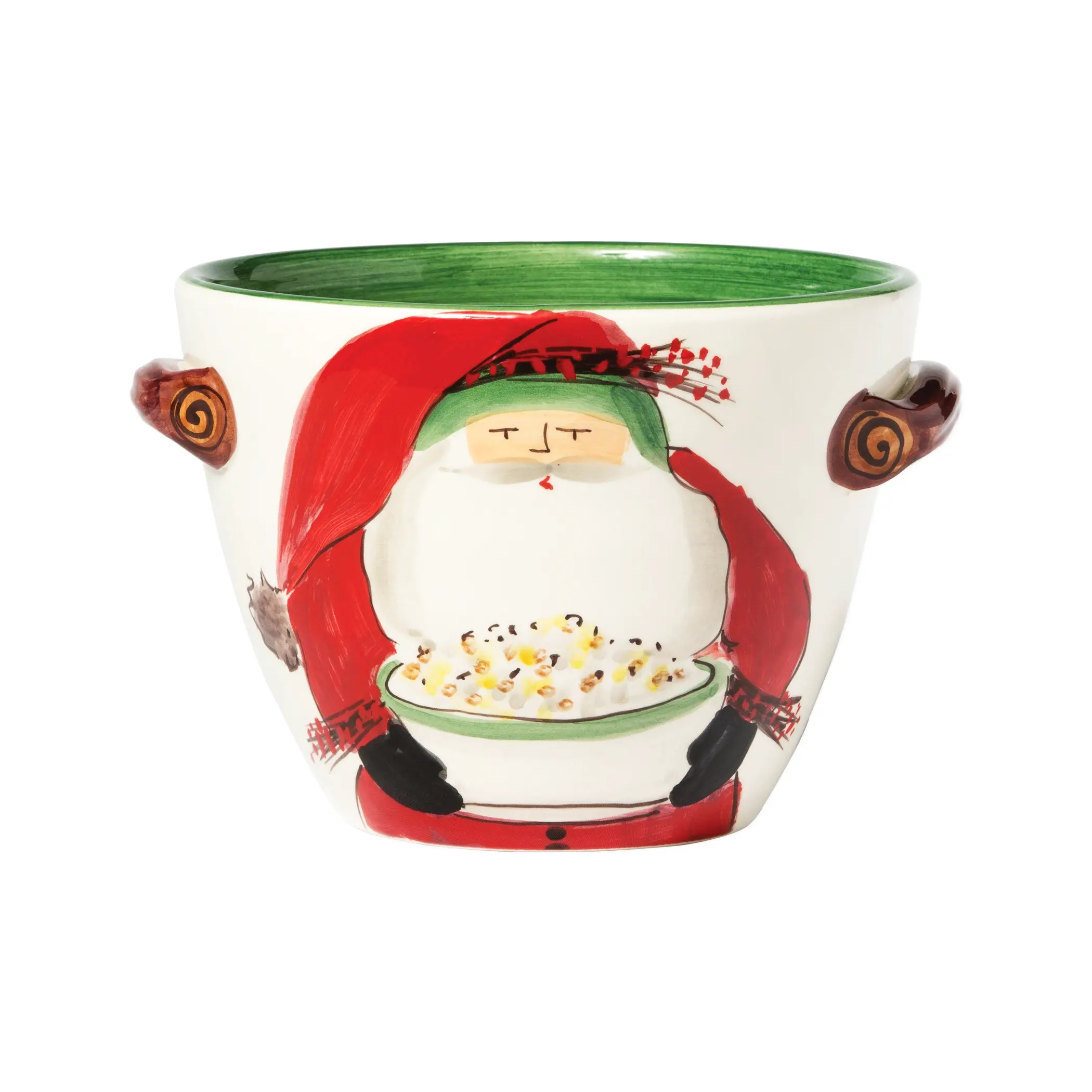 Vietri Old St. Nick Popcorn Serving Bowl with handles festive holiday bowl for family living room