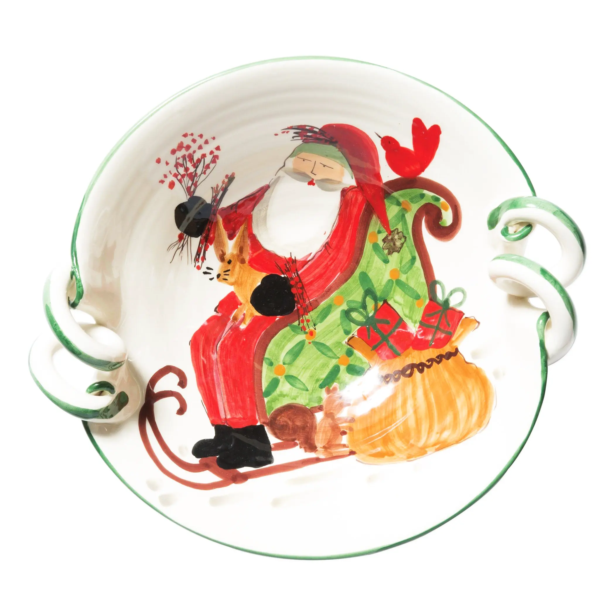 Vietri Old St. Nick Scallop Bowl with handles Christmas serving bowl for dining or family room